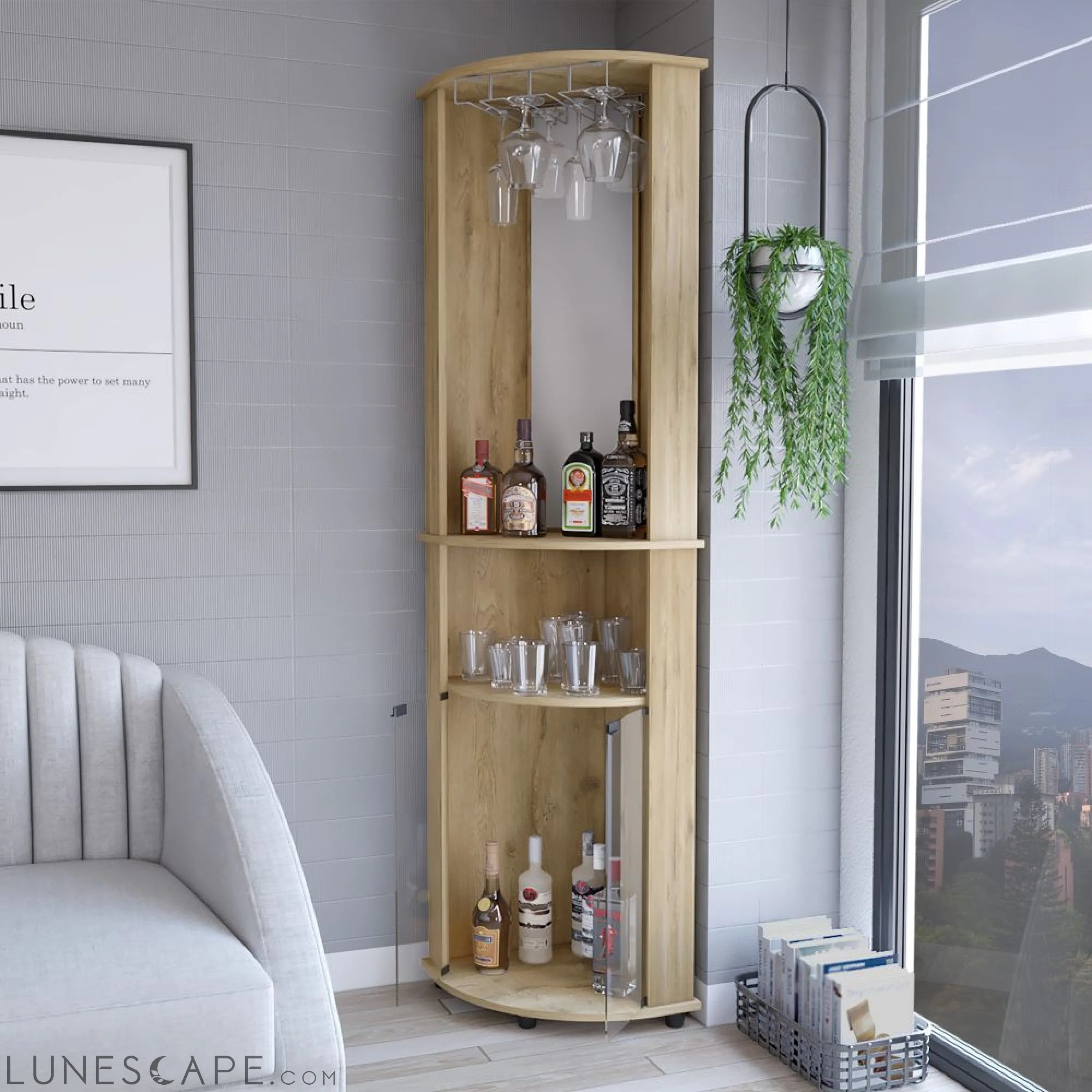 Corner Bar Cabinet Rialto, Three Shelves, Macadamia Finish LUNESCAPE