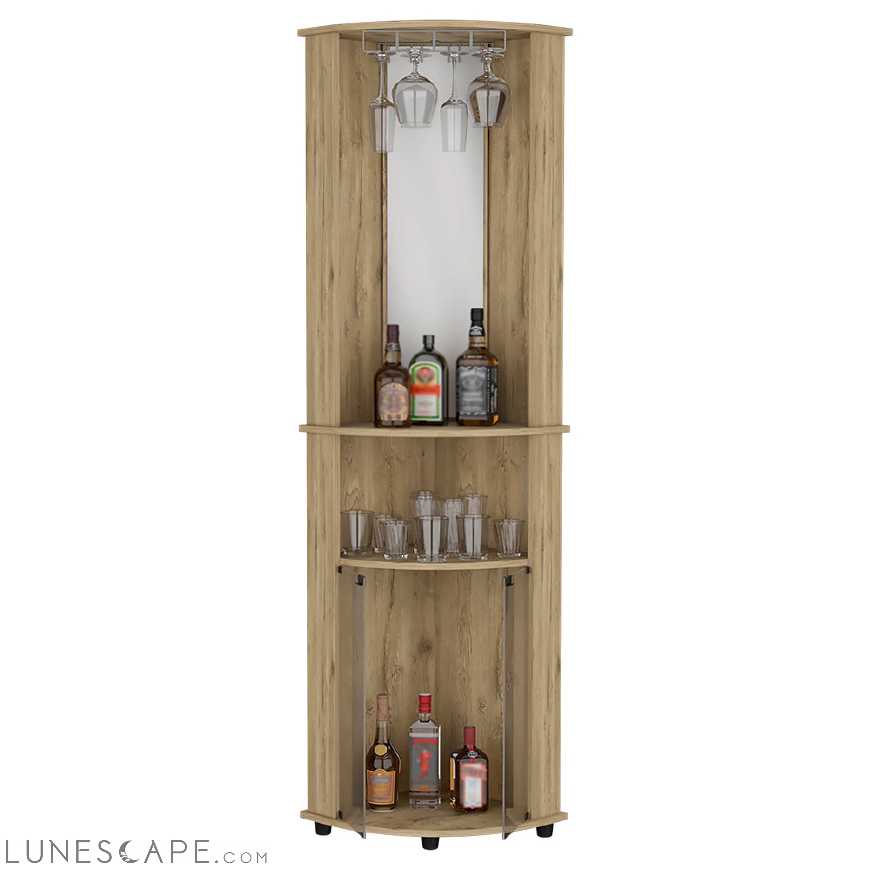Corner Bar Cabinet Rialto, Three Shelves, Macadamia Finish LUNESCAPE