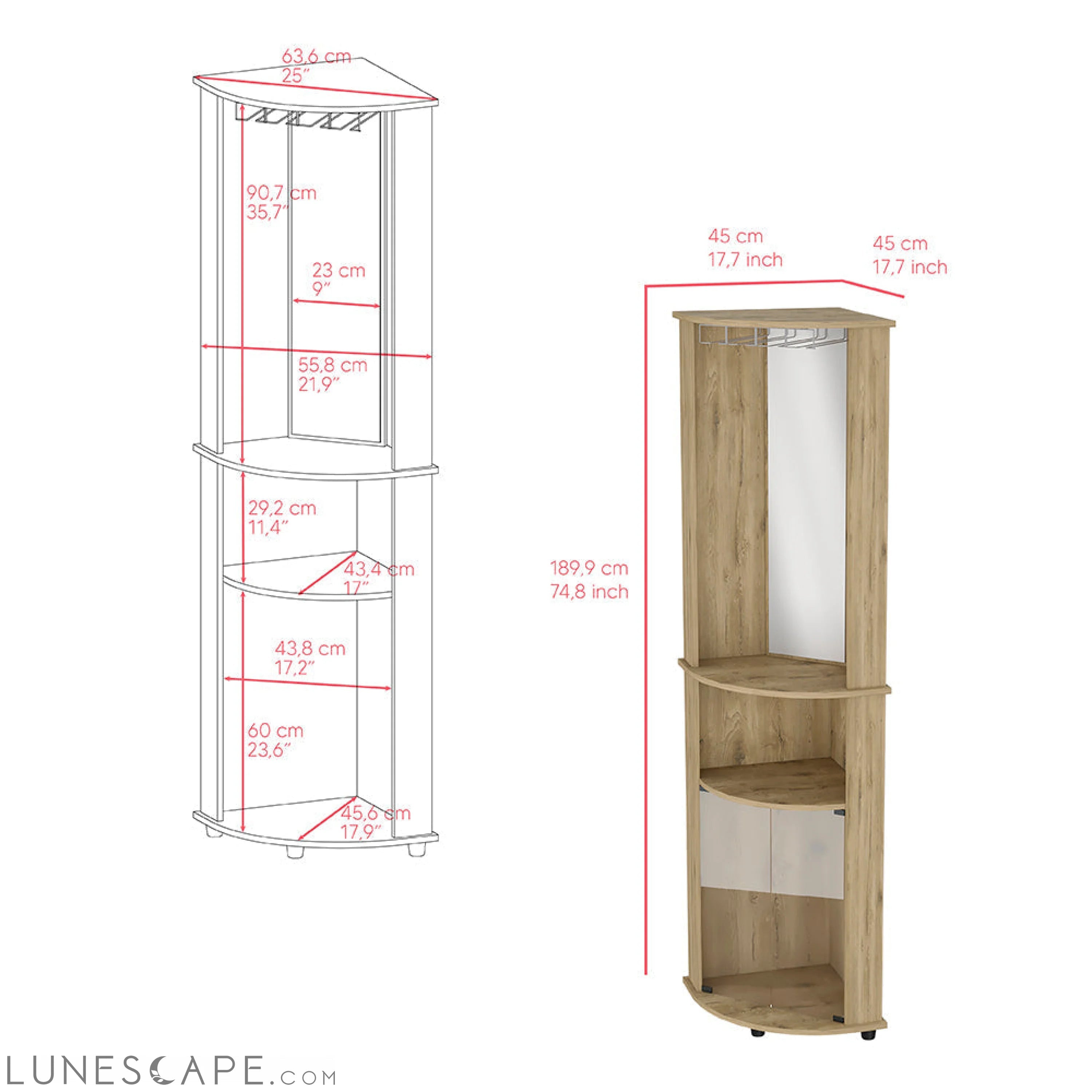 Corner Bar Cabinet Rialto, Three Shelves, Macadamia Finish LUNESCAPE