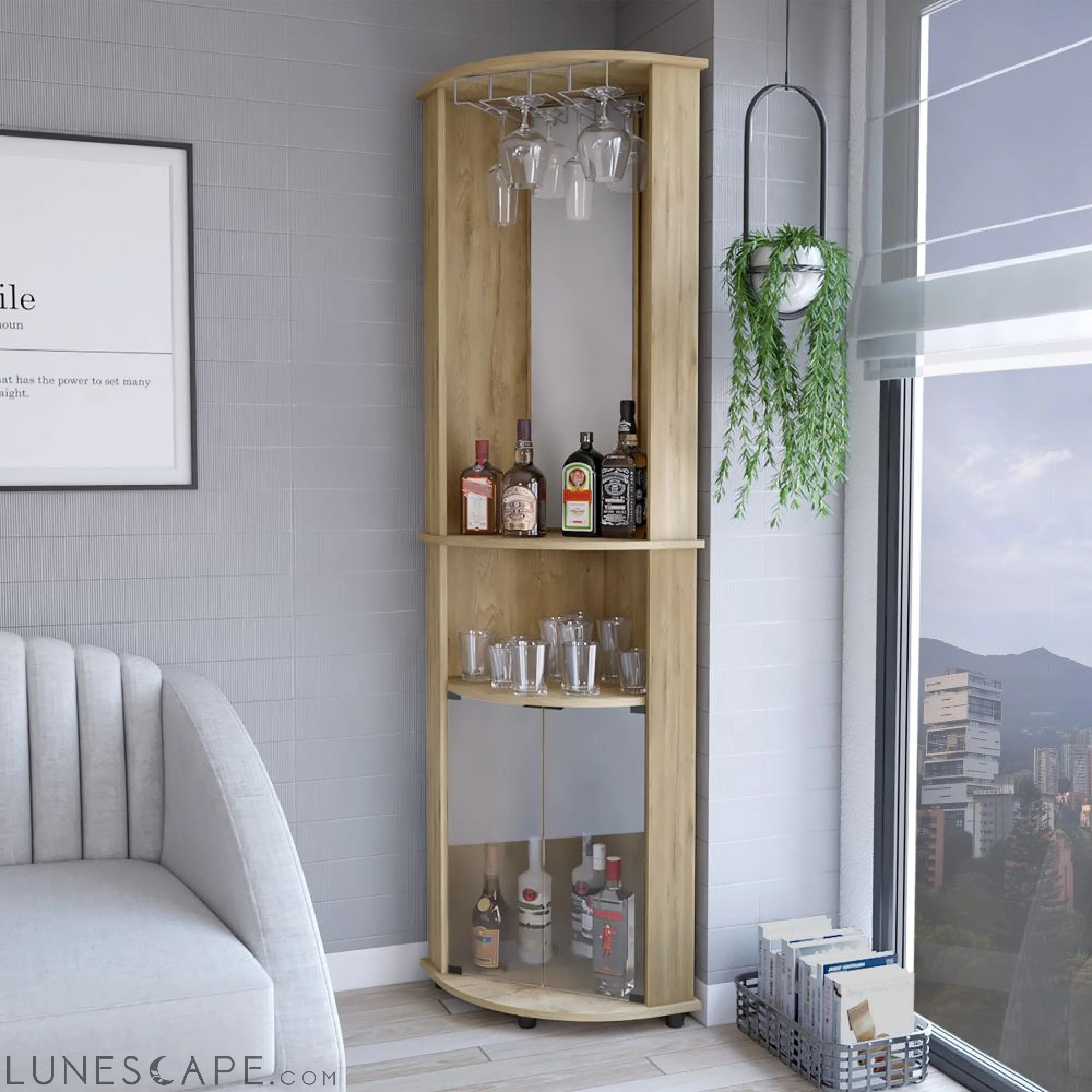 Corner Bar Cabinet Rialto, Three Shelves, Macadamia Finish LUNESCAPE