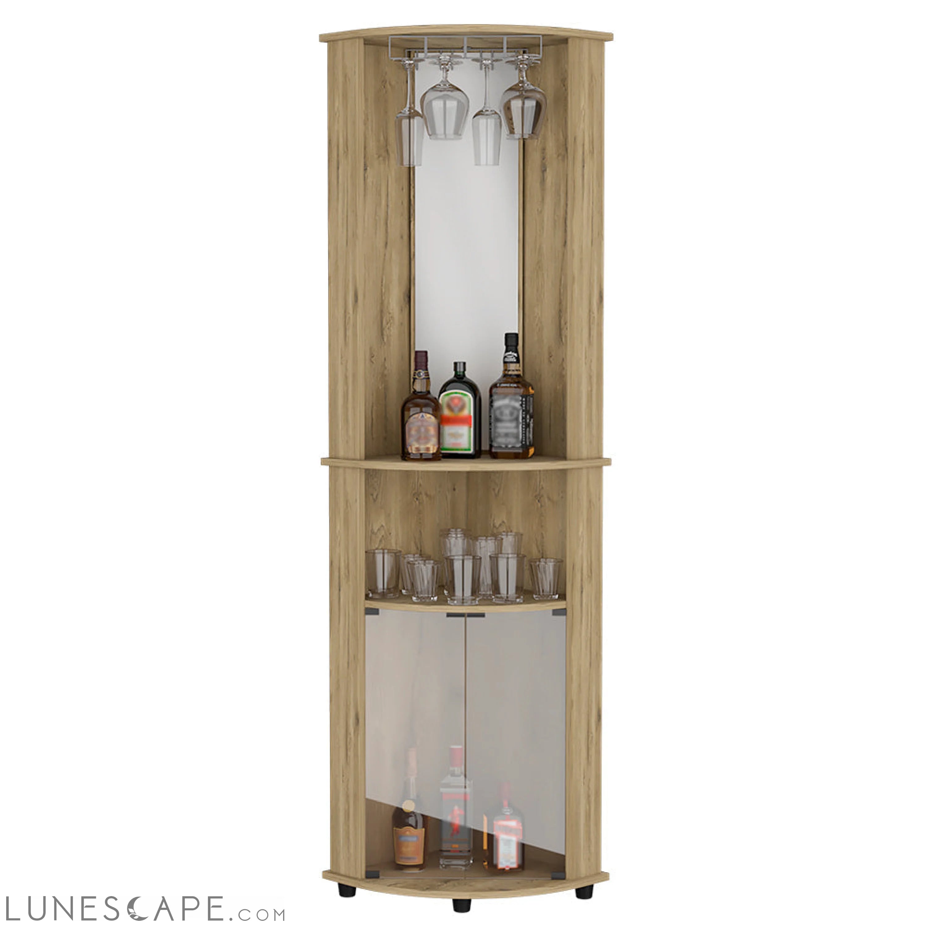 Corner Bar Cabinet Rialto, Three Shelves, Macadamia Finish LUNESCAPE