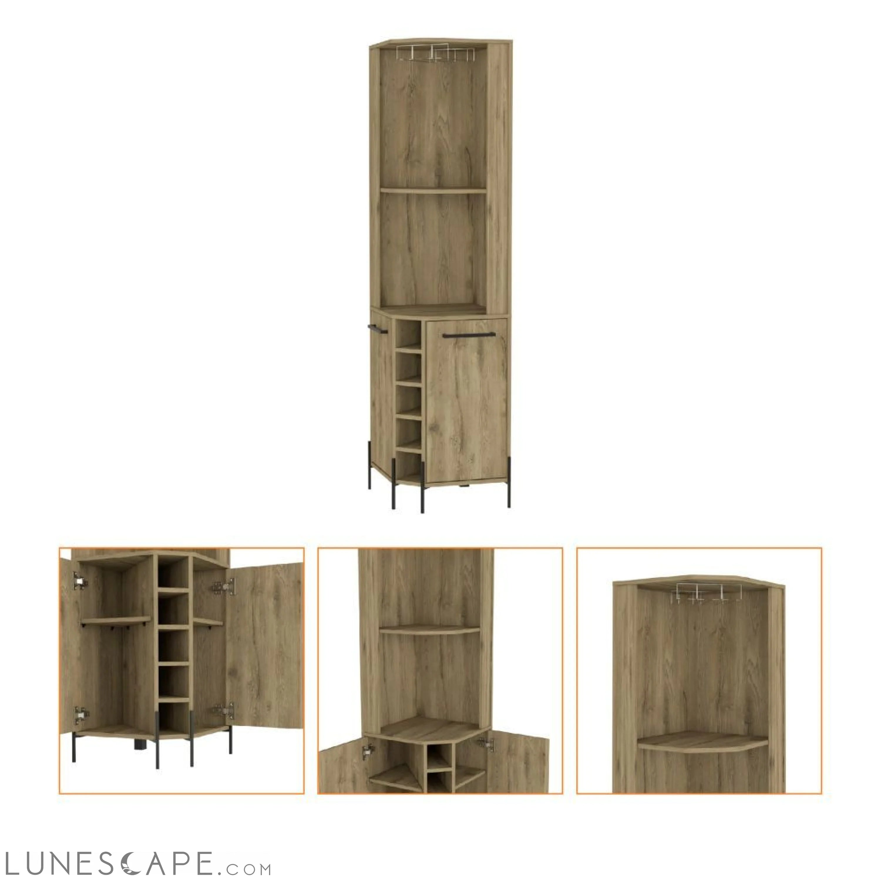 Corner Bar Cabinet Shopron, Two Shelves, Five Wine Cubbies, Aged Oak LUNESCAPE