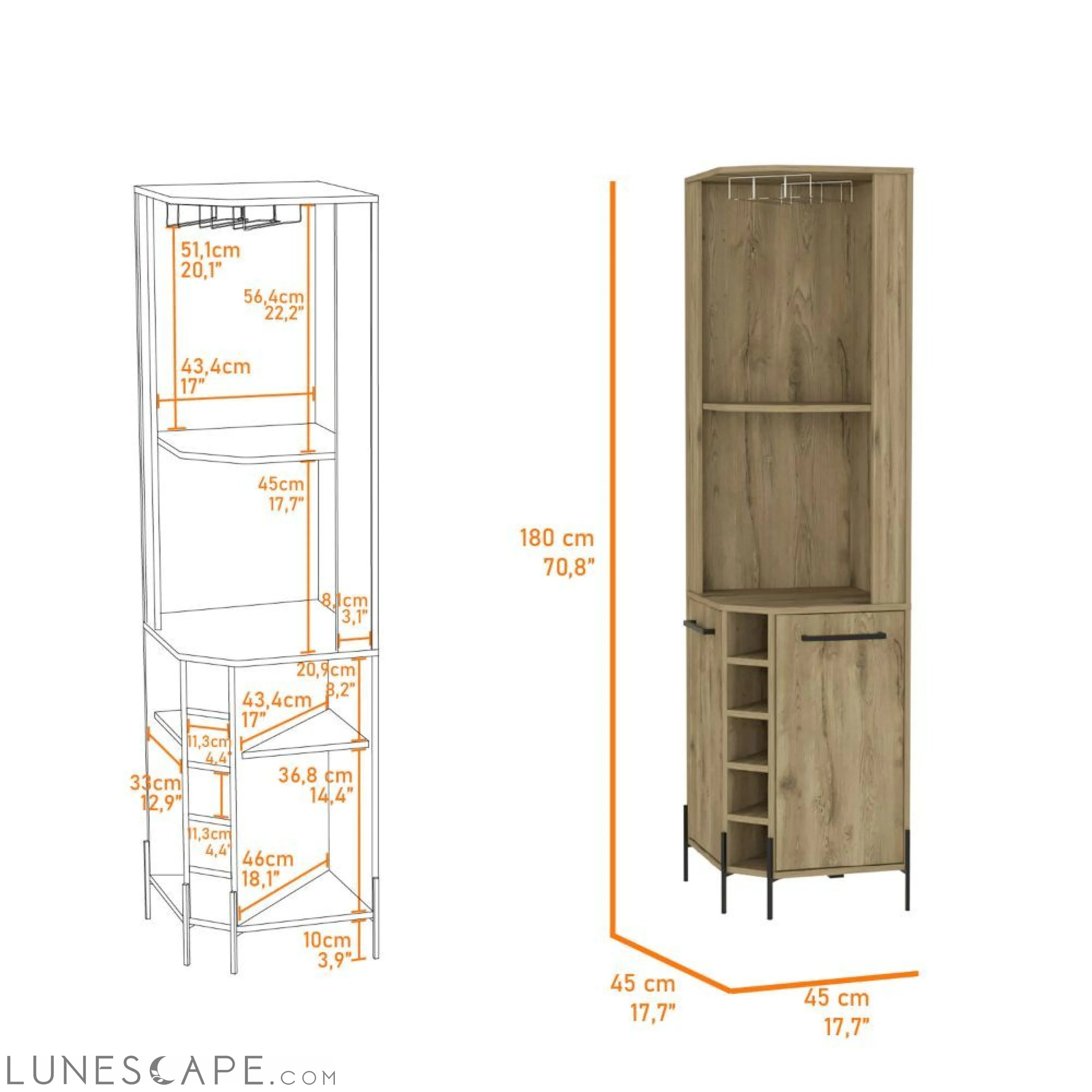Corner Bar Cabinet Shopron, Two Shelves, Five Wine Cubbies, Aged Oak LUNESCAPE
