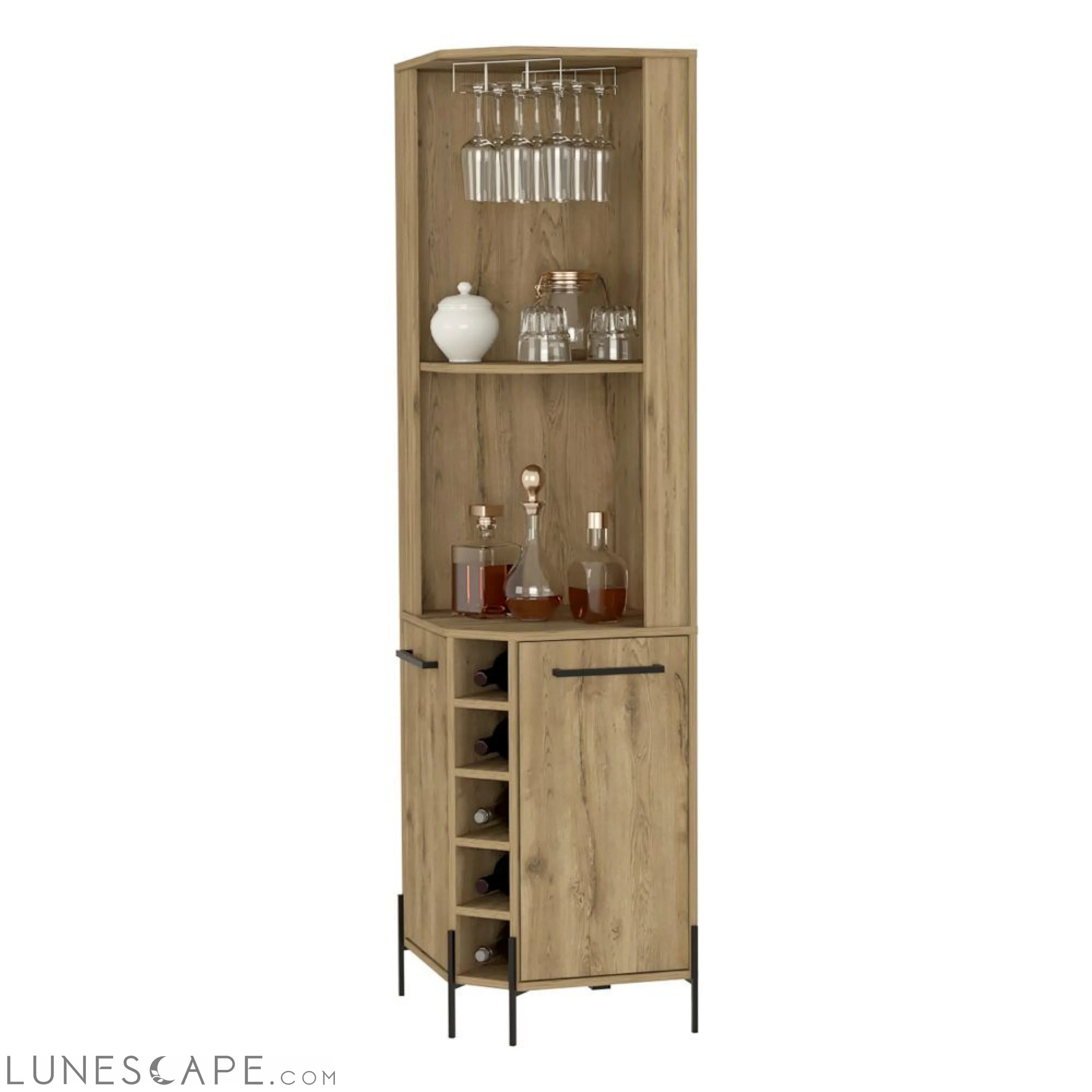 Corner Bar Cabinet Shopron, Two Shelves, Five Wine Cubbies, Aged Oak LUNESCAPE