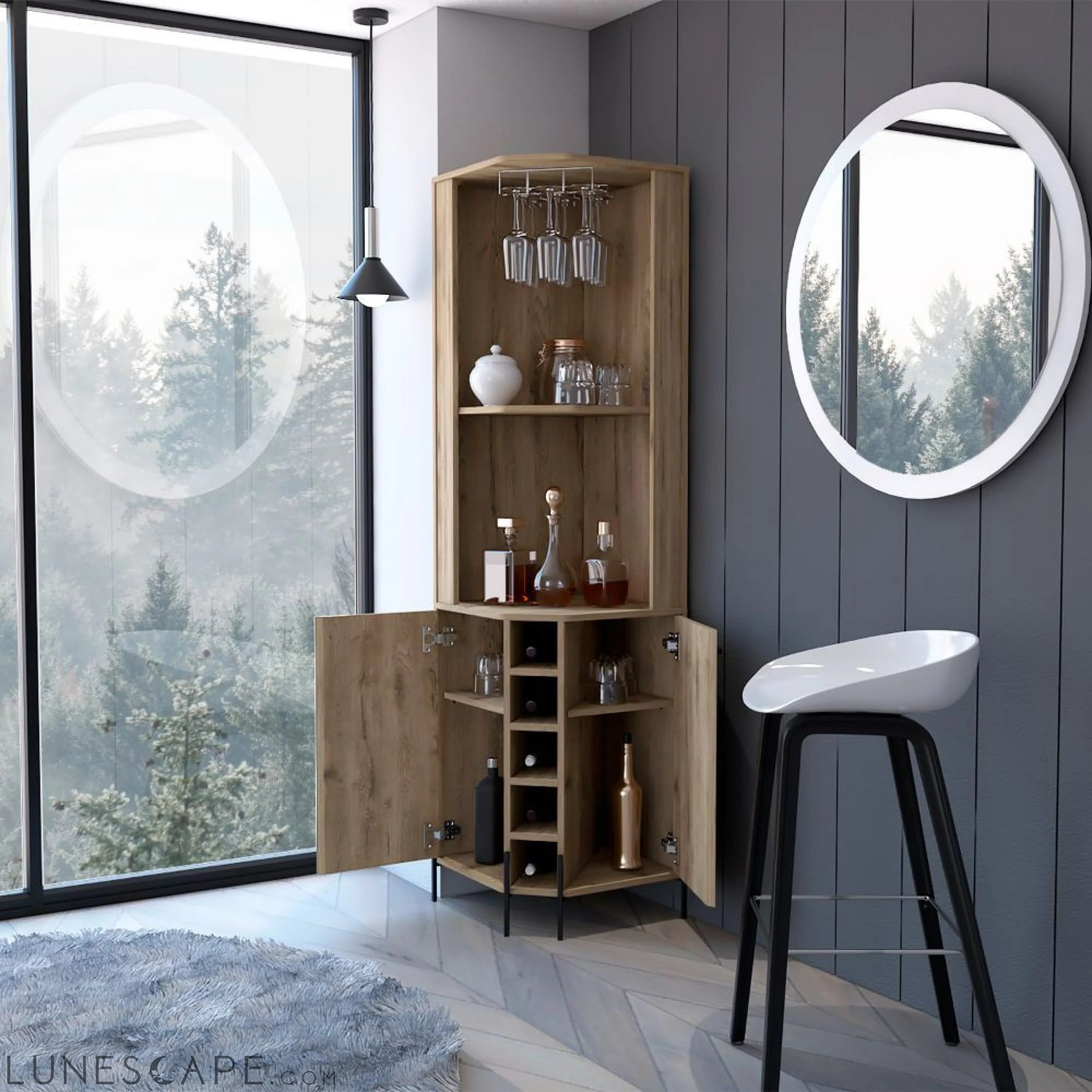 Corner Bar Cabinet Shopron, Two Shelves, Five Wine Cubbies, Aged Oak LUNESCAPE