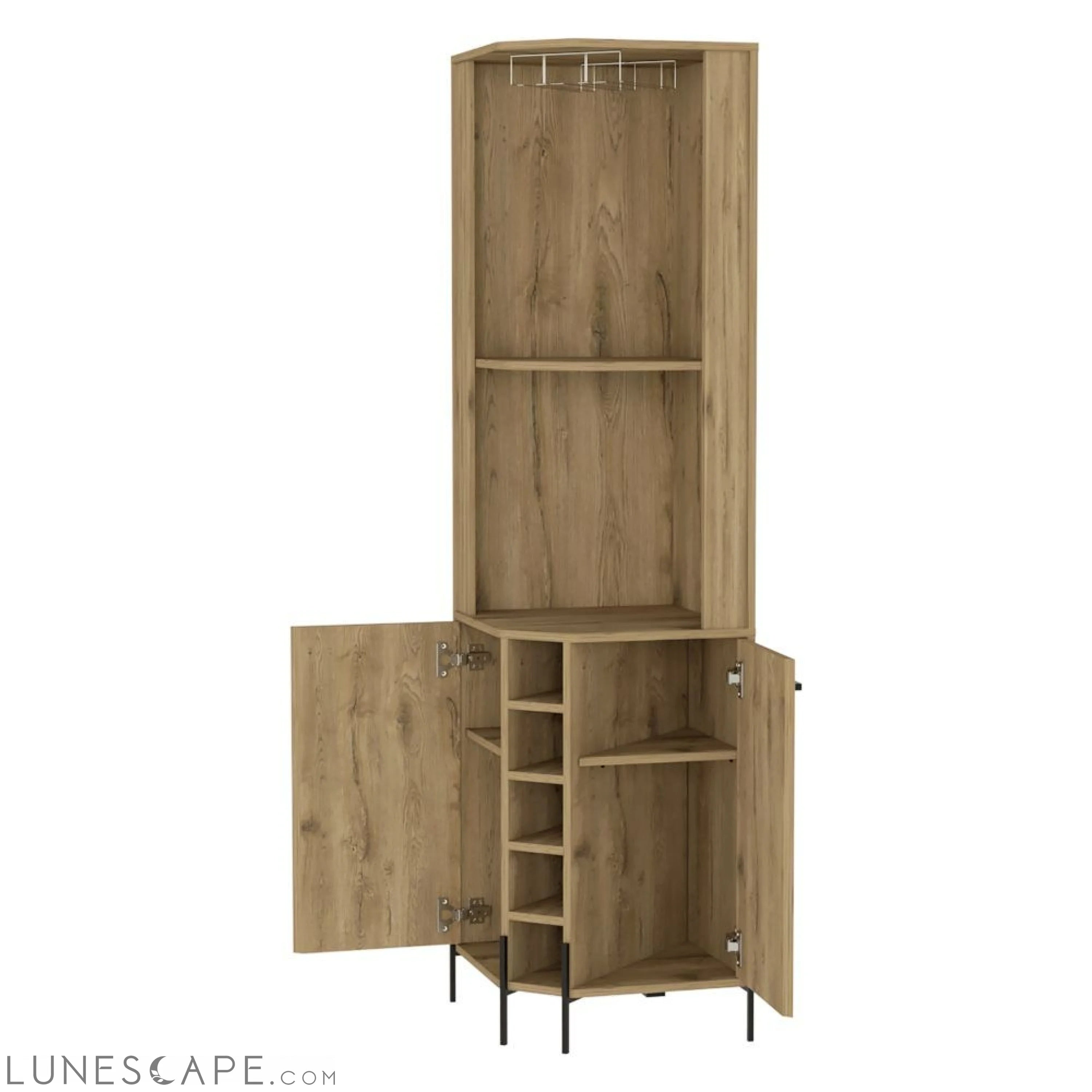 Corner Bar Cabinet Shopron, Two Shelves, Five Wine Cubbies, Aged Oak LUNESCAPE