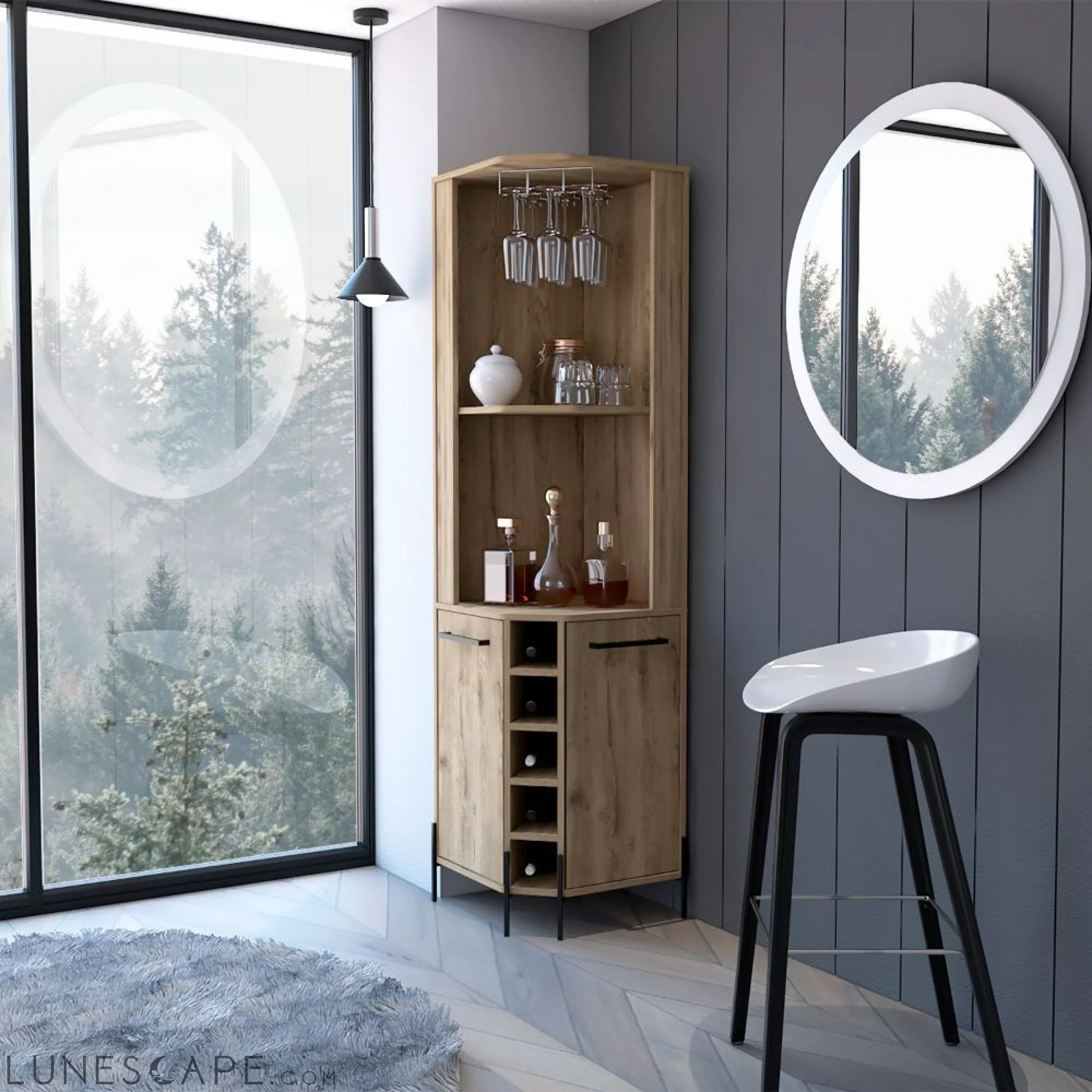 Corner Bar Cabinet Shopron, Two Shelves, Five Wine Cubbies, Aged Oak LUNESCAPE