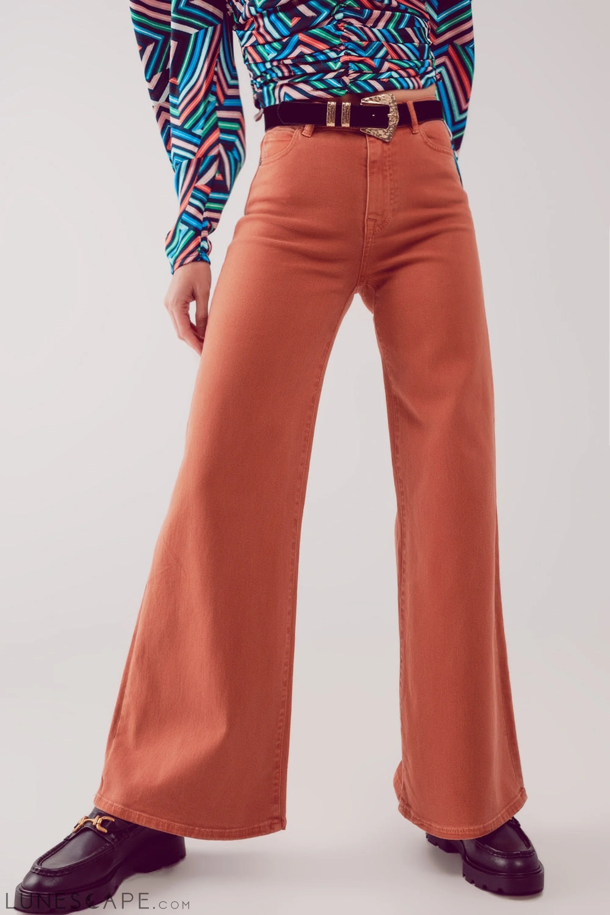 Cotton Blend Wide Leg Jeans in Orange LUNESCAPE