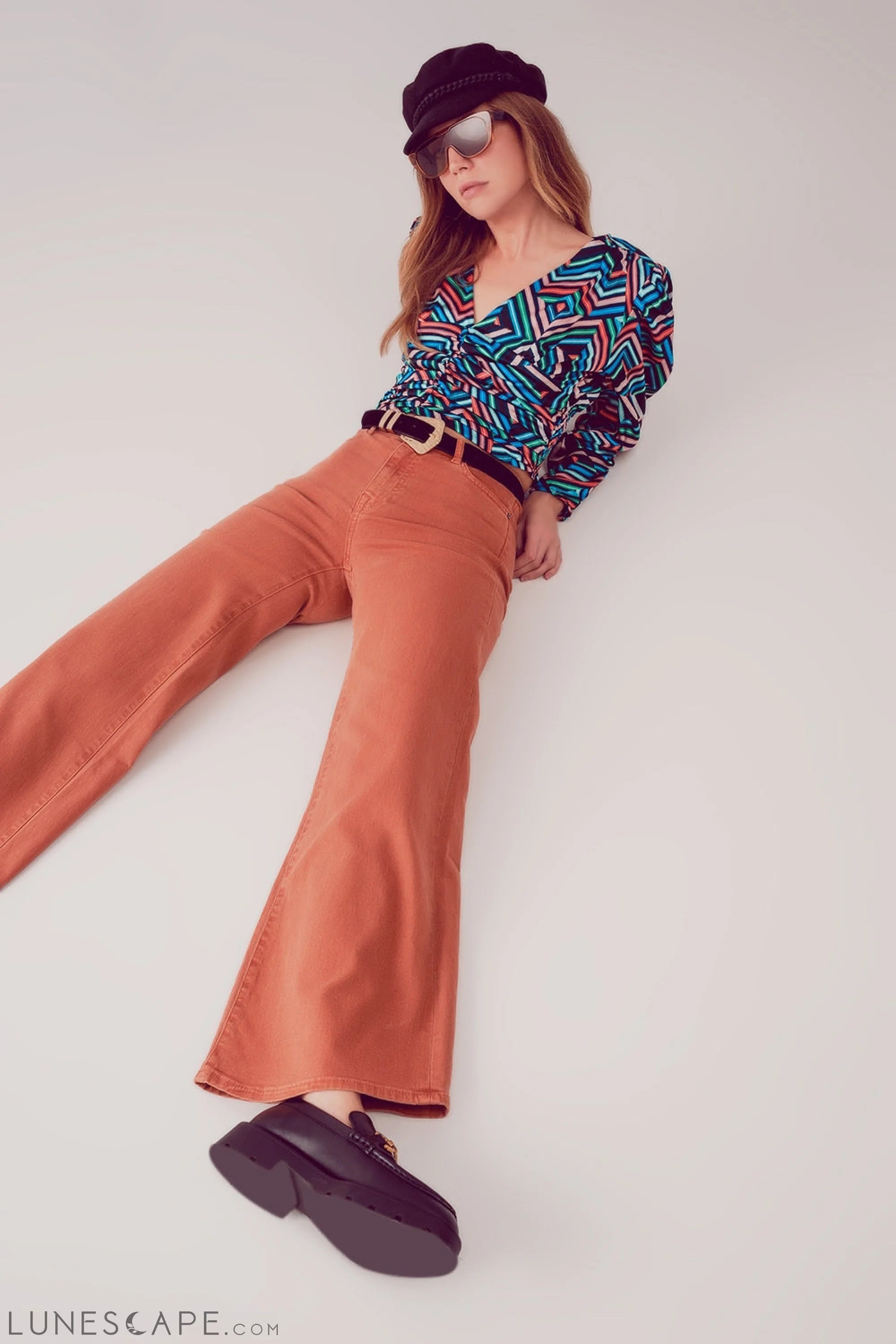 Cotton Blend Wide Leg Jeans in Orange LUNESCAPE