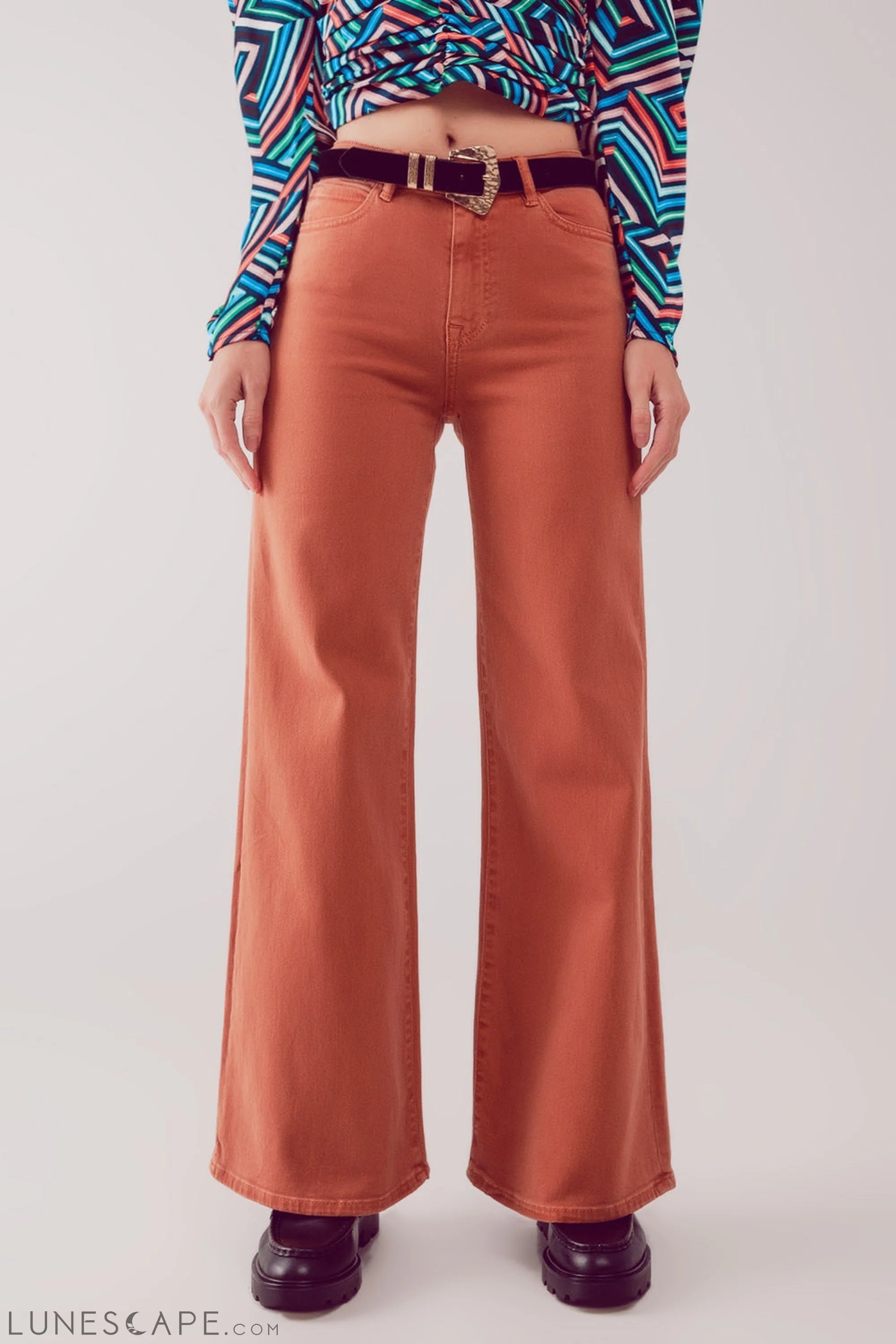 Cotton Blend Wide Leg Jeans in Orange LUNESCAPE