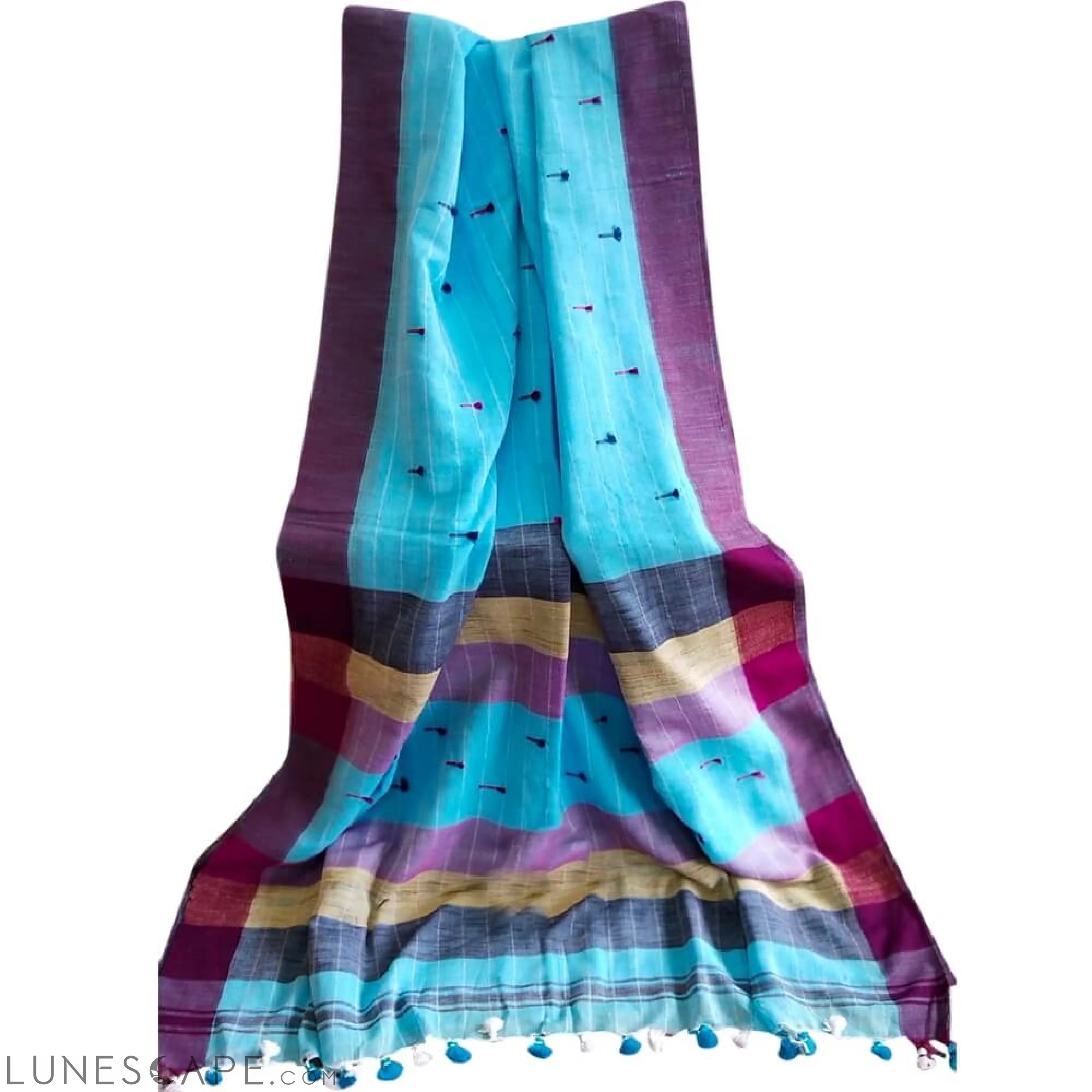 Cotton Linen Handloom Saree With Pompom - Light Blue LUNESCAPE