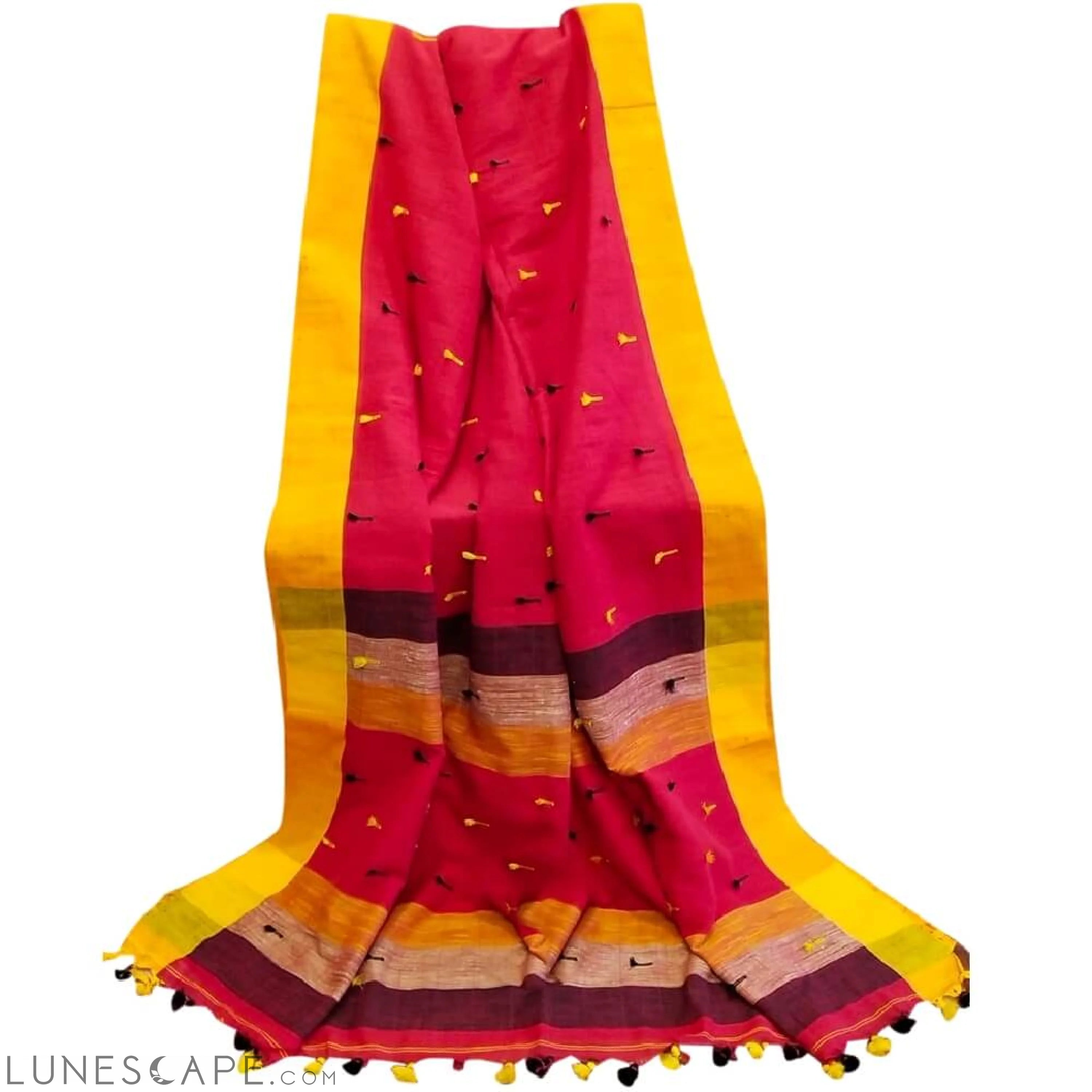 Cotton Linen Handloom Saree With Pompom - Red LUNESCAPE