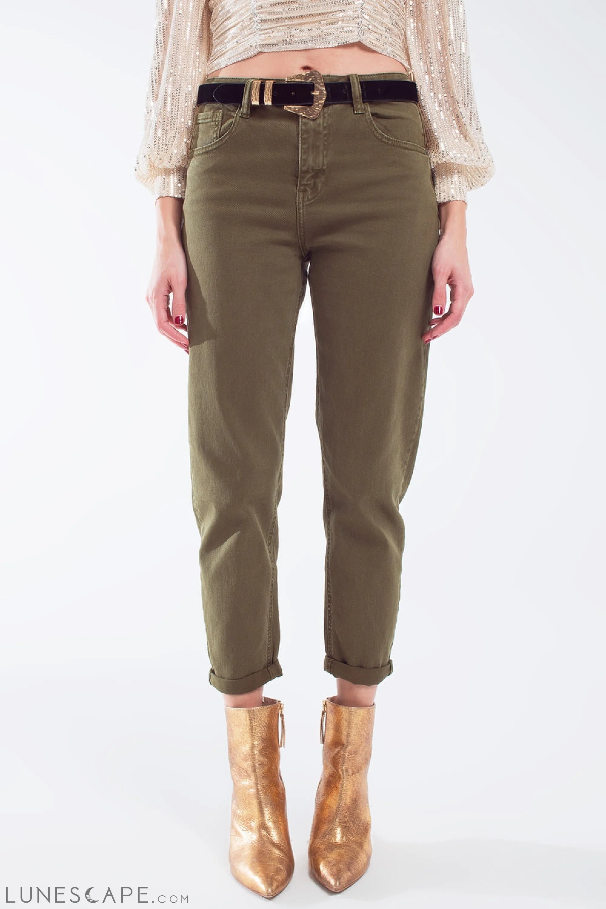 Cotton Mid Rise Slouchy Jean in Khaki Sepia LUNESCAPE