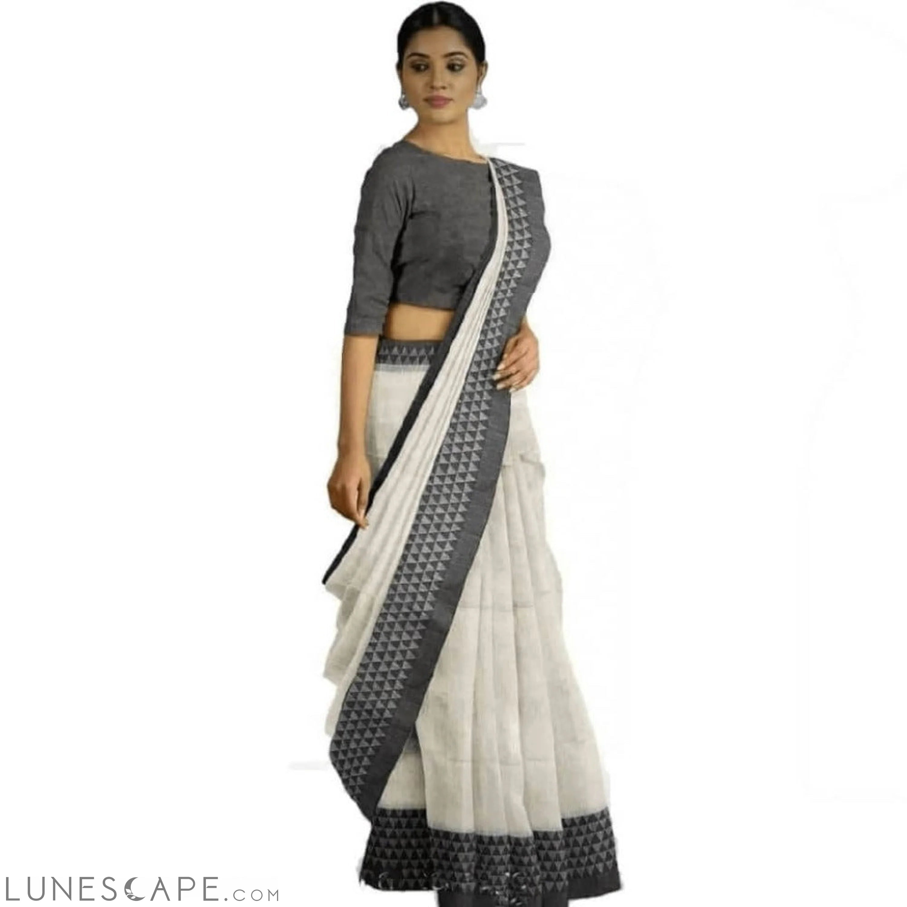 Cotton Silk Saree With Contrast Border - Gray LUNESCAPE