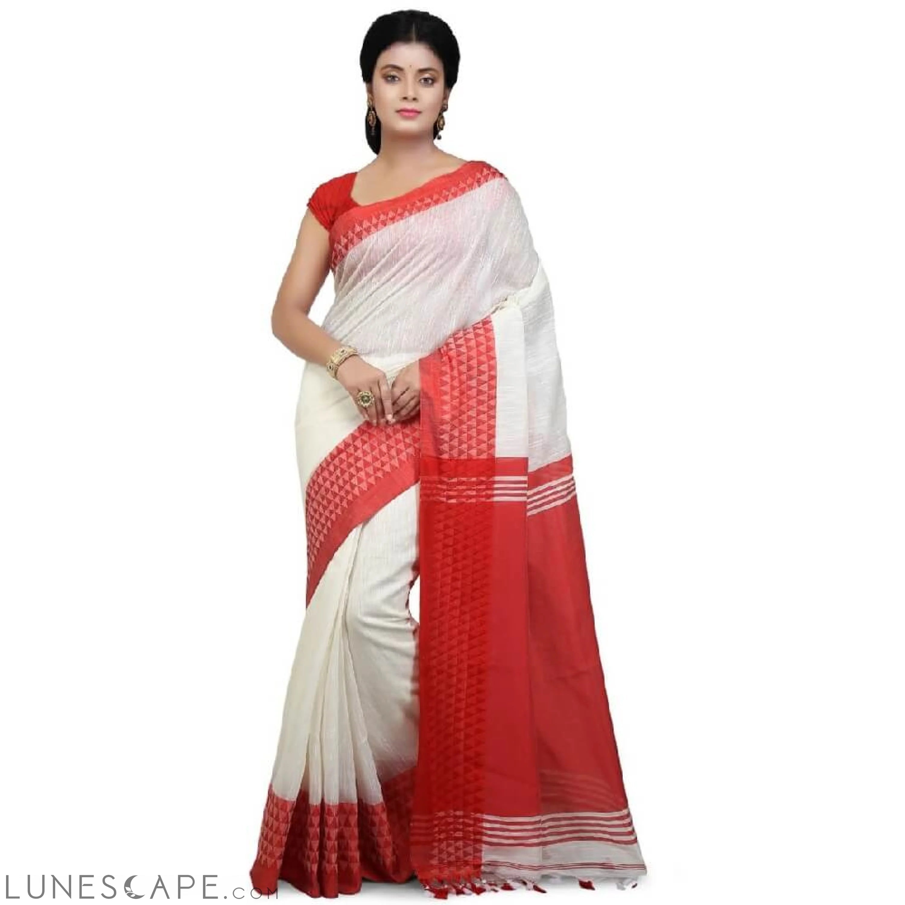 Cotton Silk Saree With Contrast Border - Red LUNESCAPE