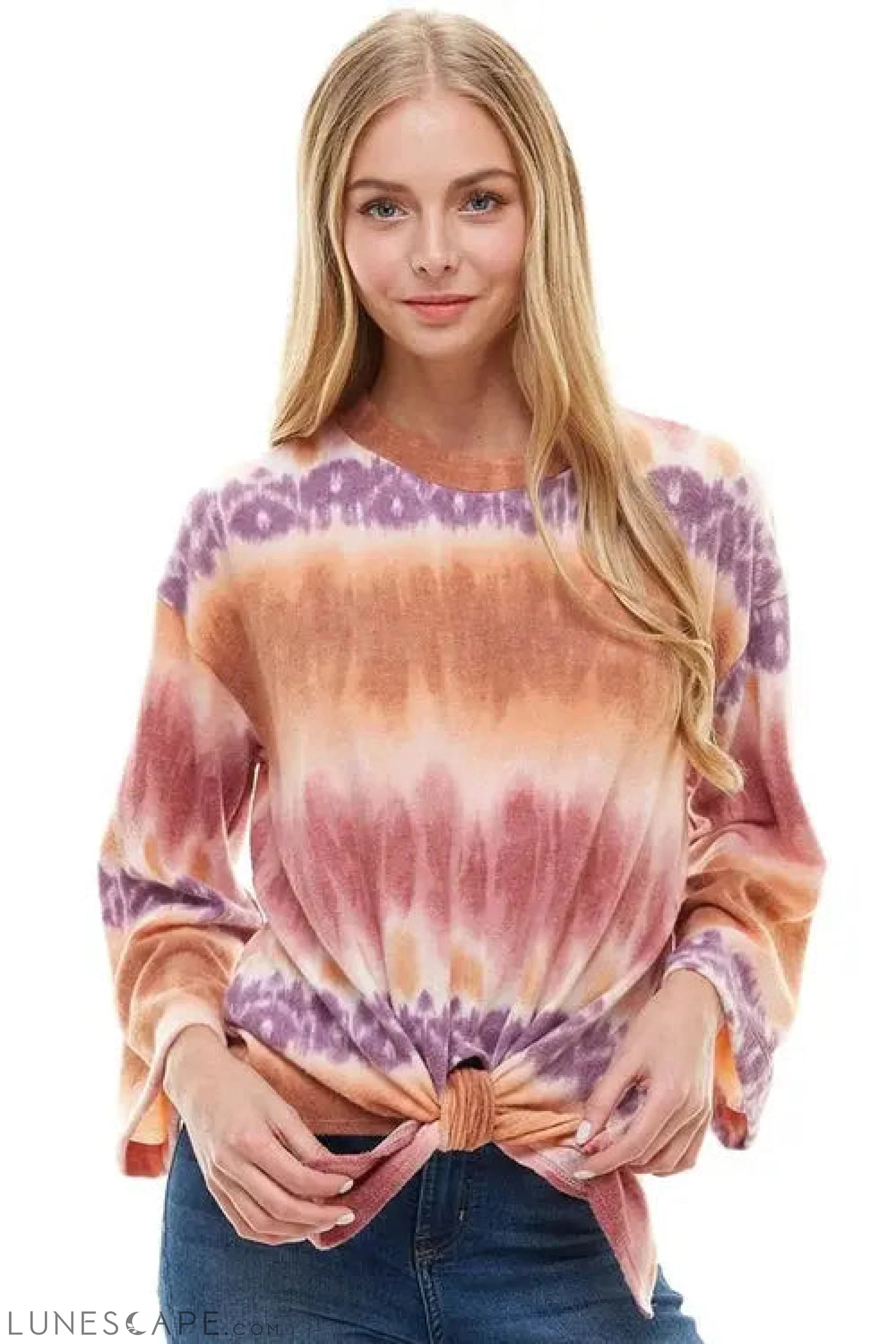 Cozy Knit Tie Dye Effect Tie Front Top LUNESCAPE