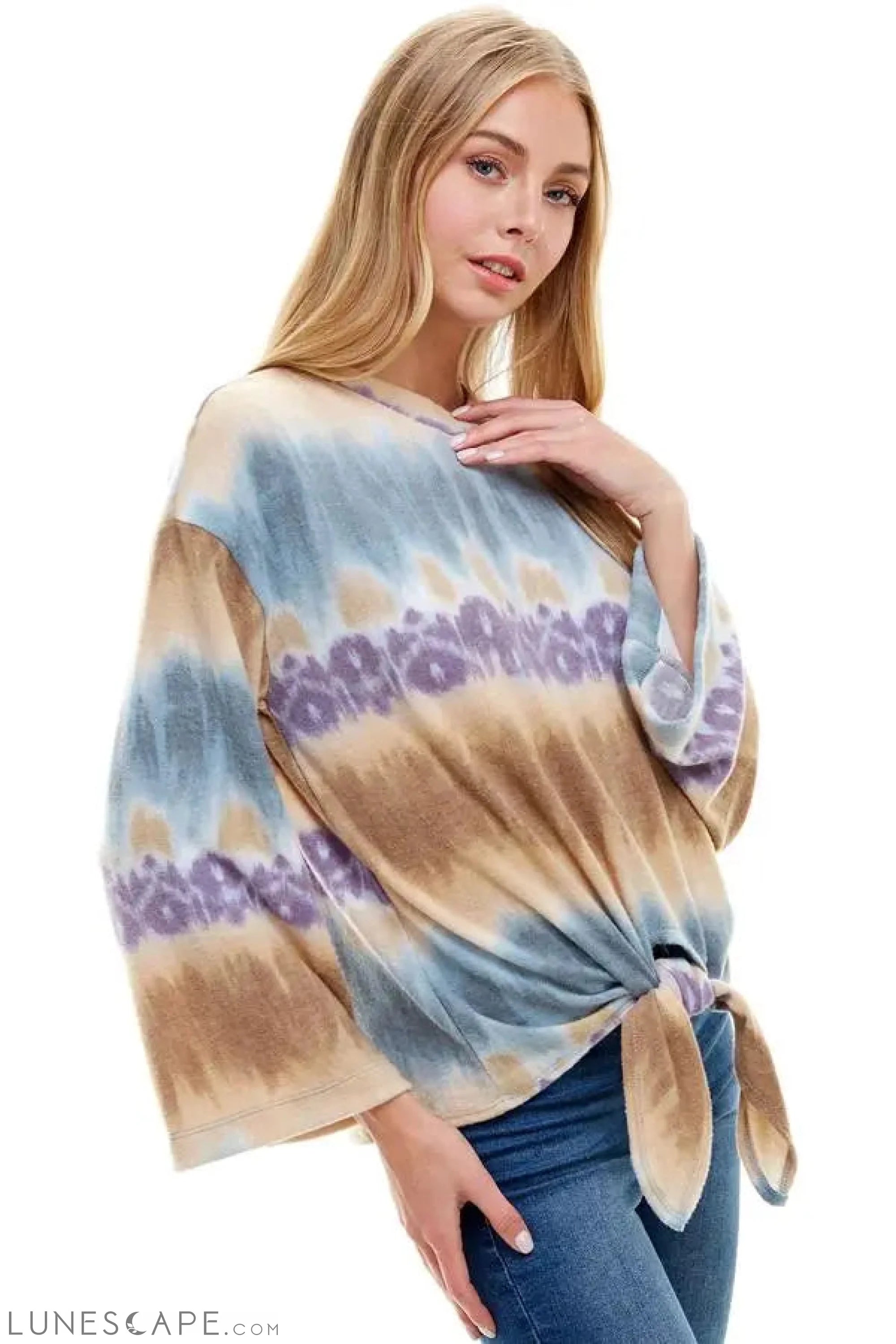 Cozy Knit Tie Dye Effect Tie Front Top LUNESCAPE