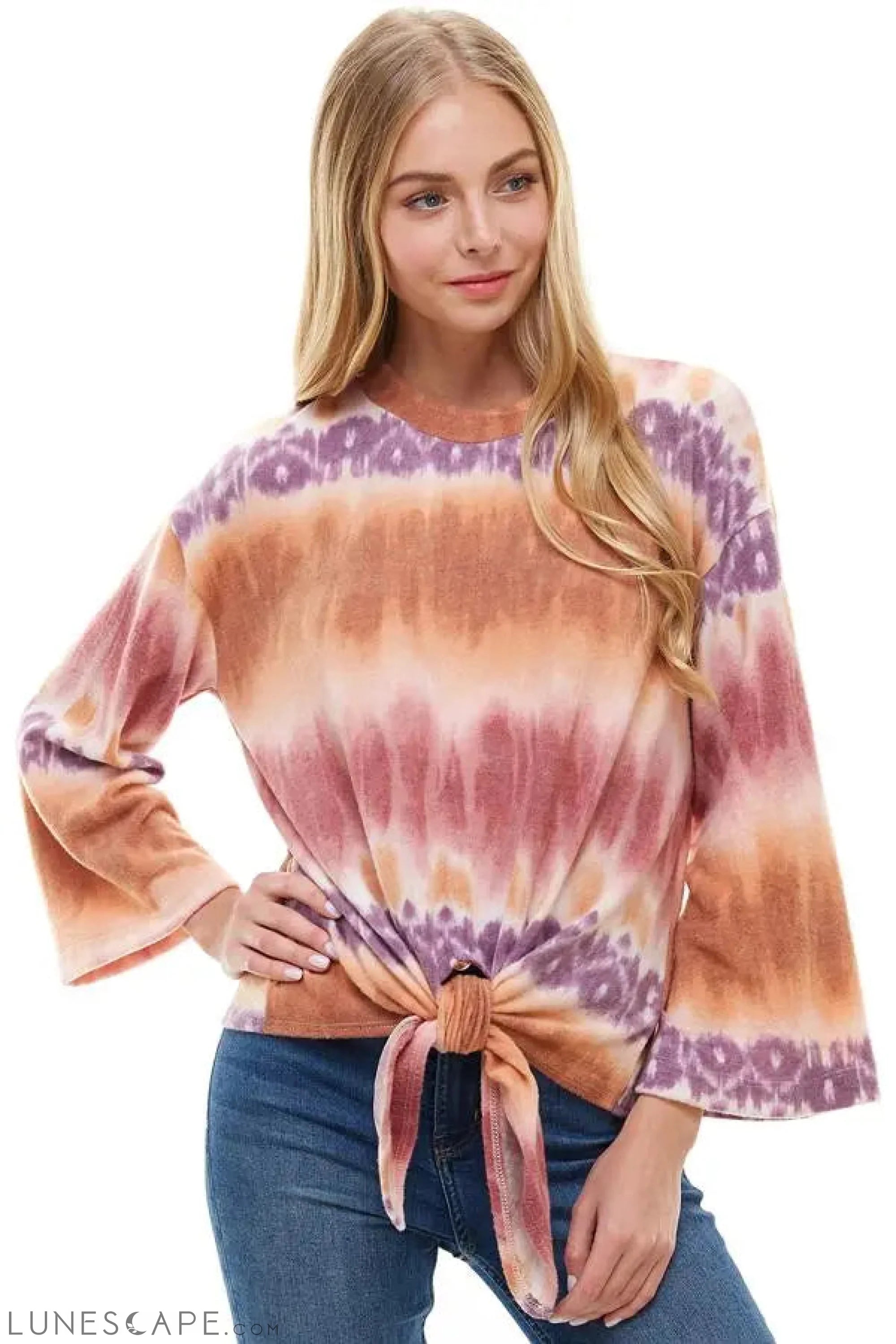 Cozy Knit Tie Dye Effect Tie Front Top LUNESCAPE