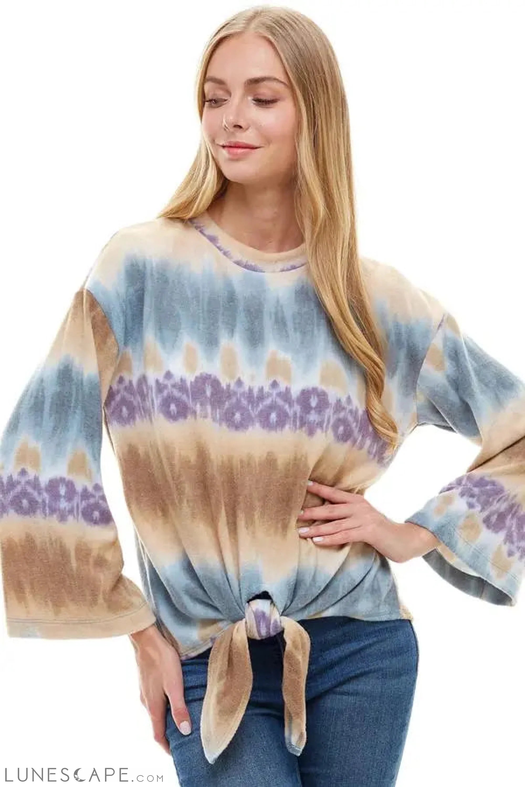 Cozy Knit Tie Dye Effect Tie Front Top LUNESCAPE