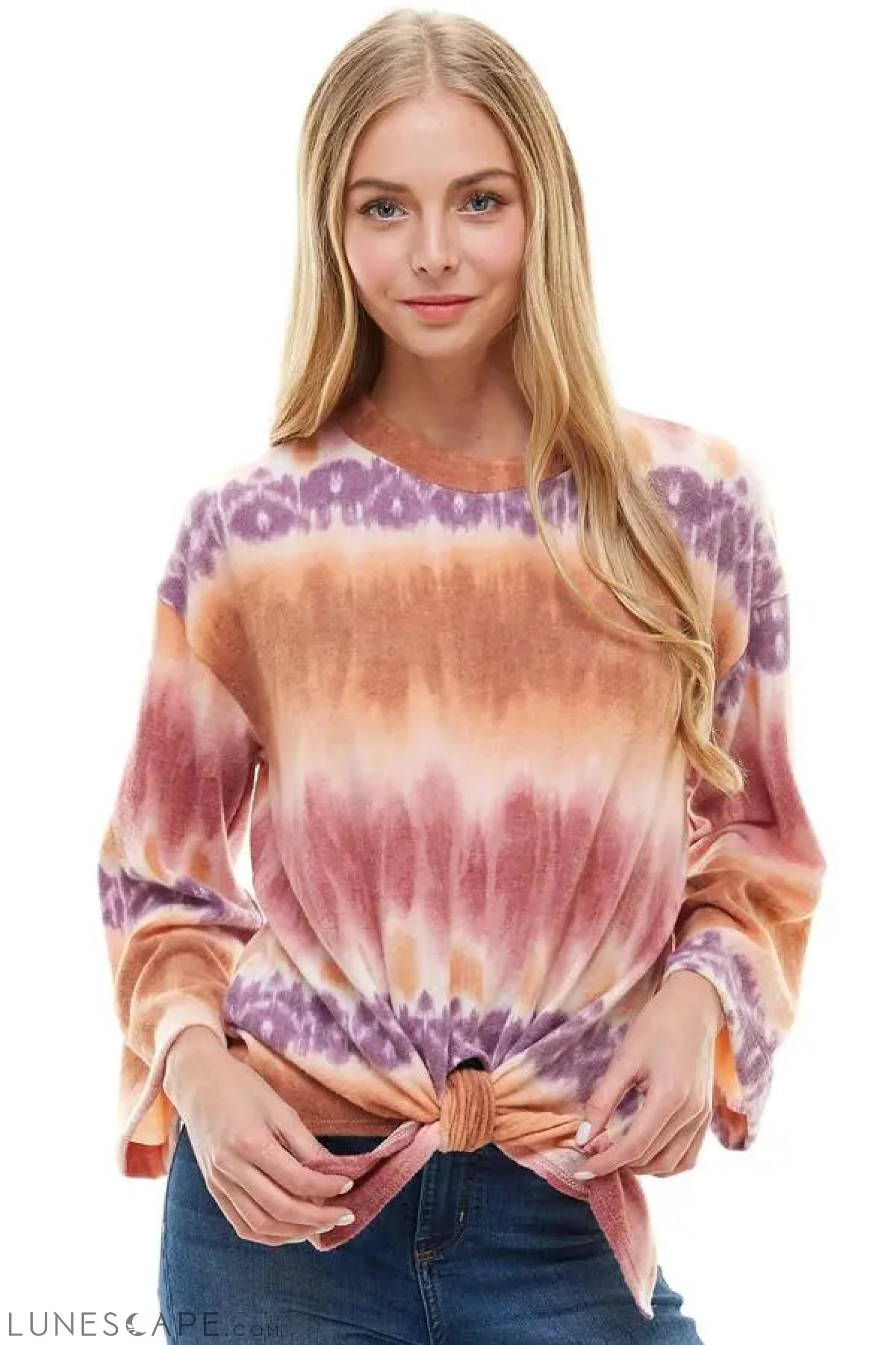 Cozy Knit Tie Dye Effect Tie Front Top LUNESCAPE