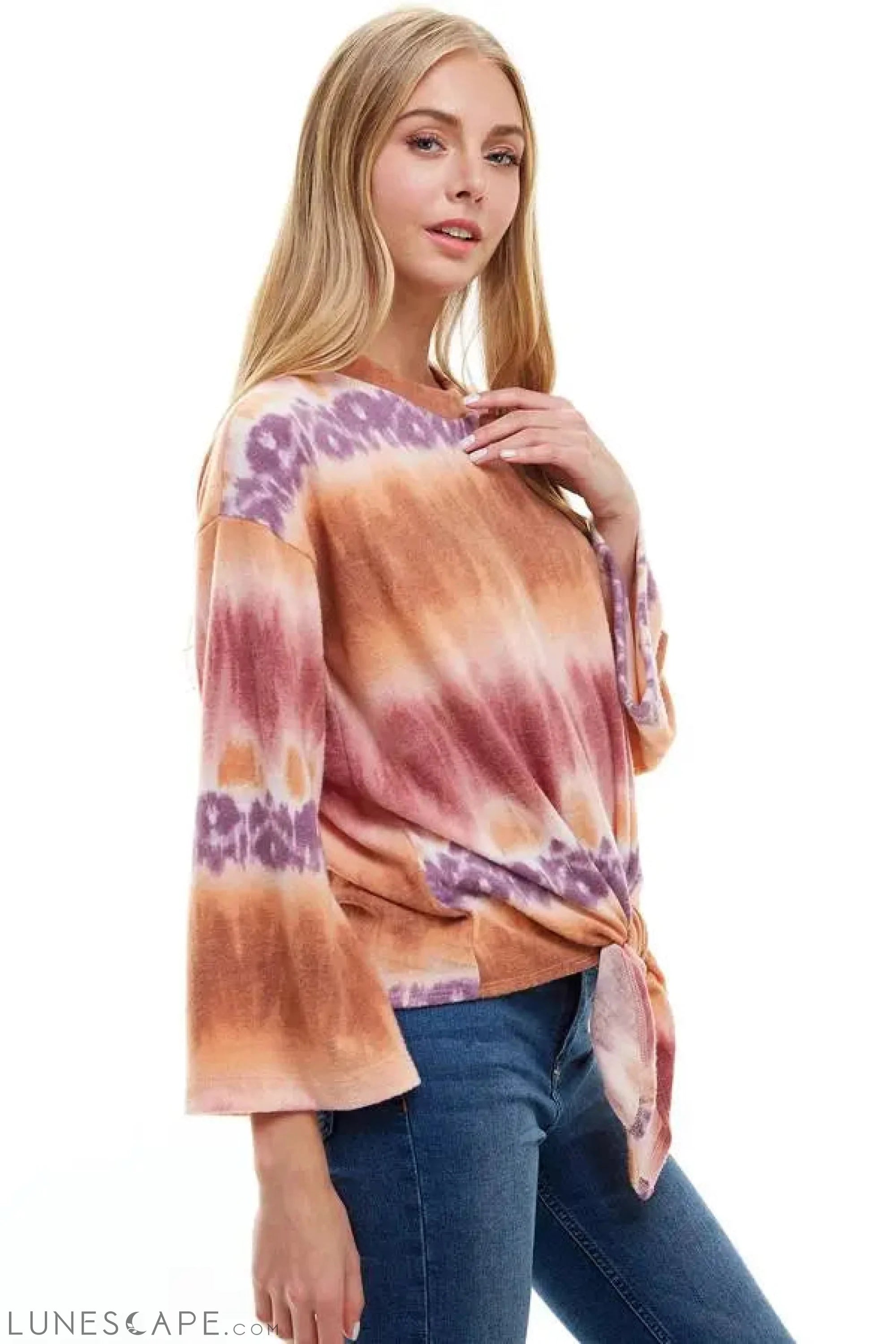 Cozy Knit Tie Dye Effect Tie Front Top LUNESCAPE