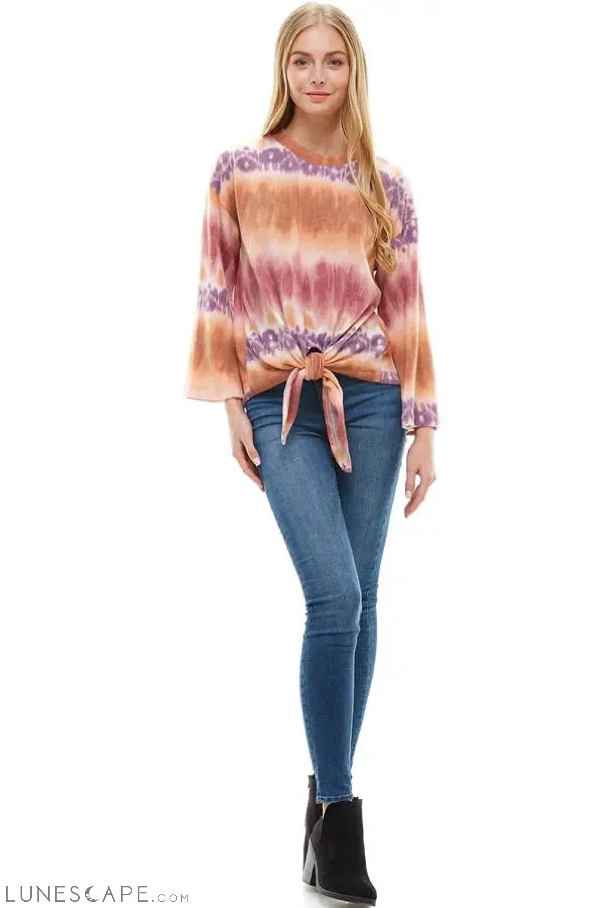 Cozy Knit Tie Dye Effect Tie Front Top LUNESCAPE