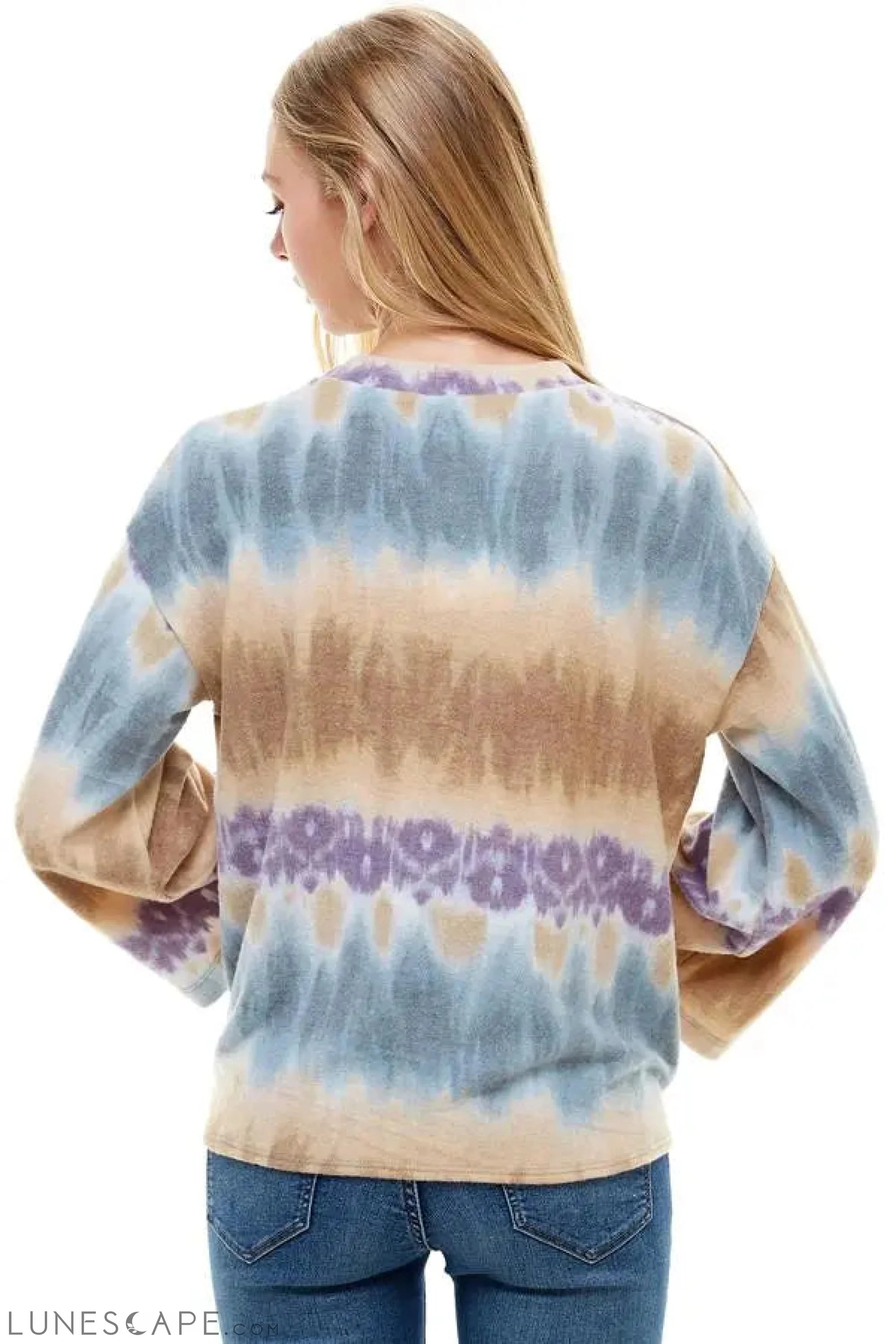 Cozy Knit Tie Dye Effect Tie Front Top LUNESCAPE