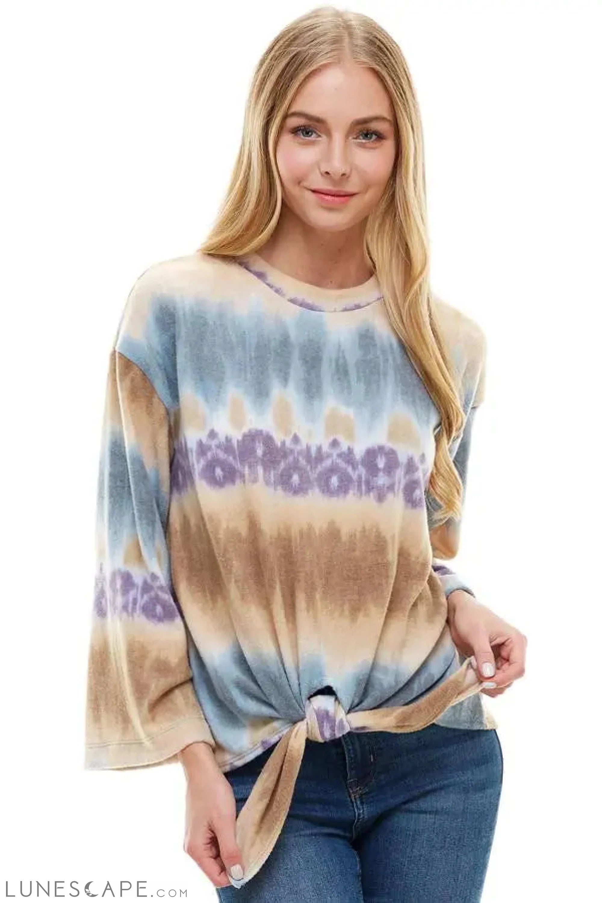 Cozy Knit Tie Dye Effect Tie Front Top LUNESCAPE