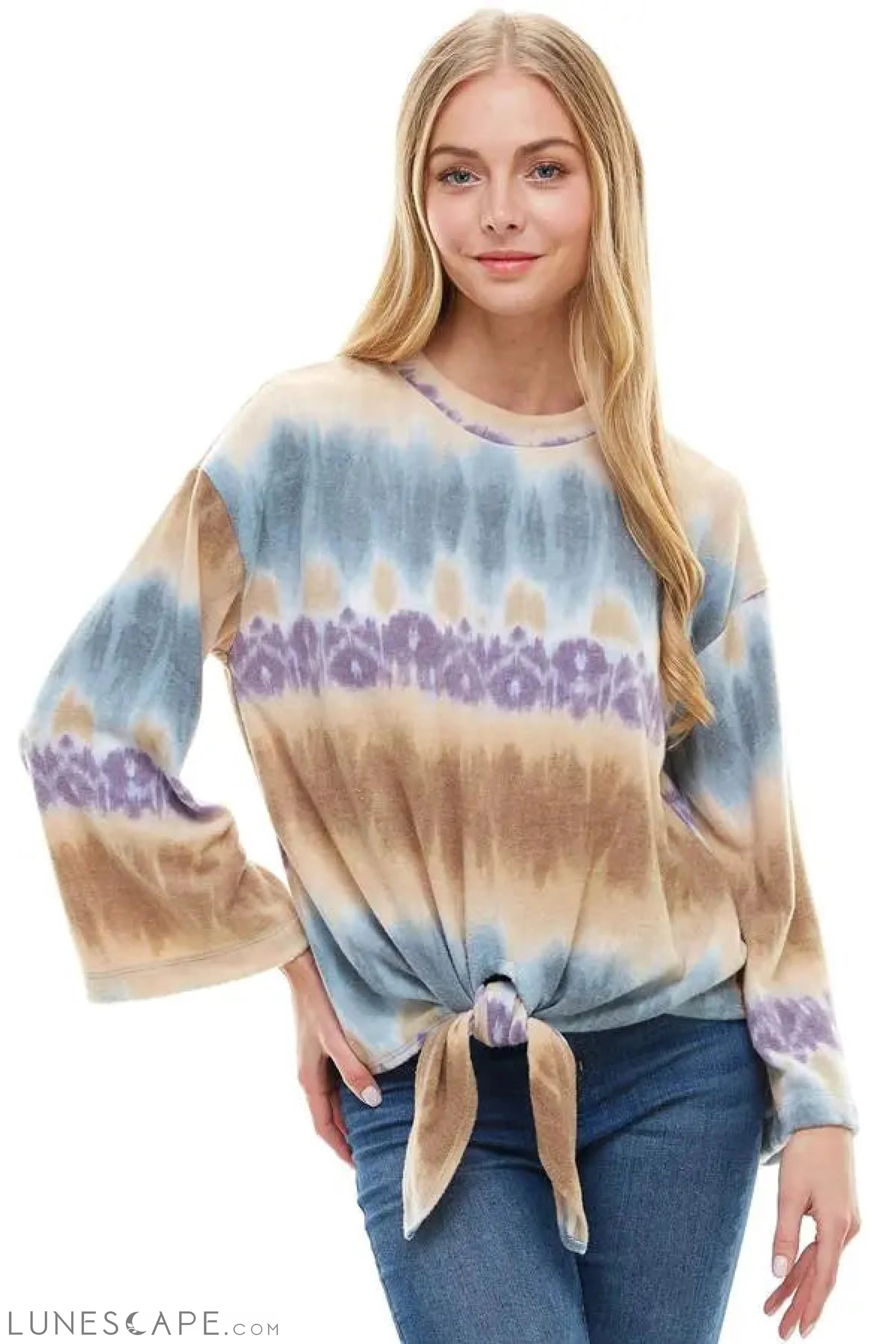 Cozy Knit Tie Dye Effect Tie Front Top LUNESCAPE