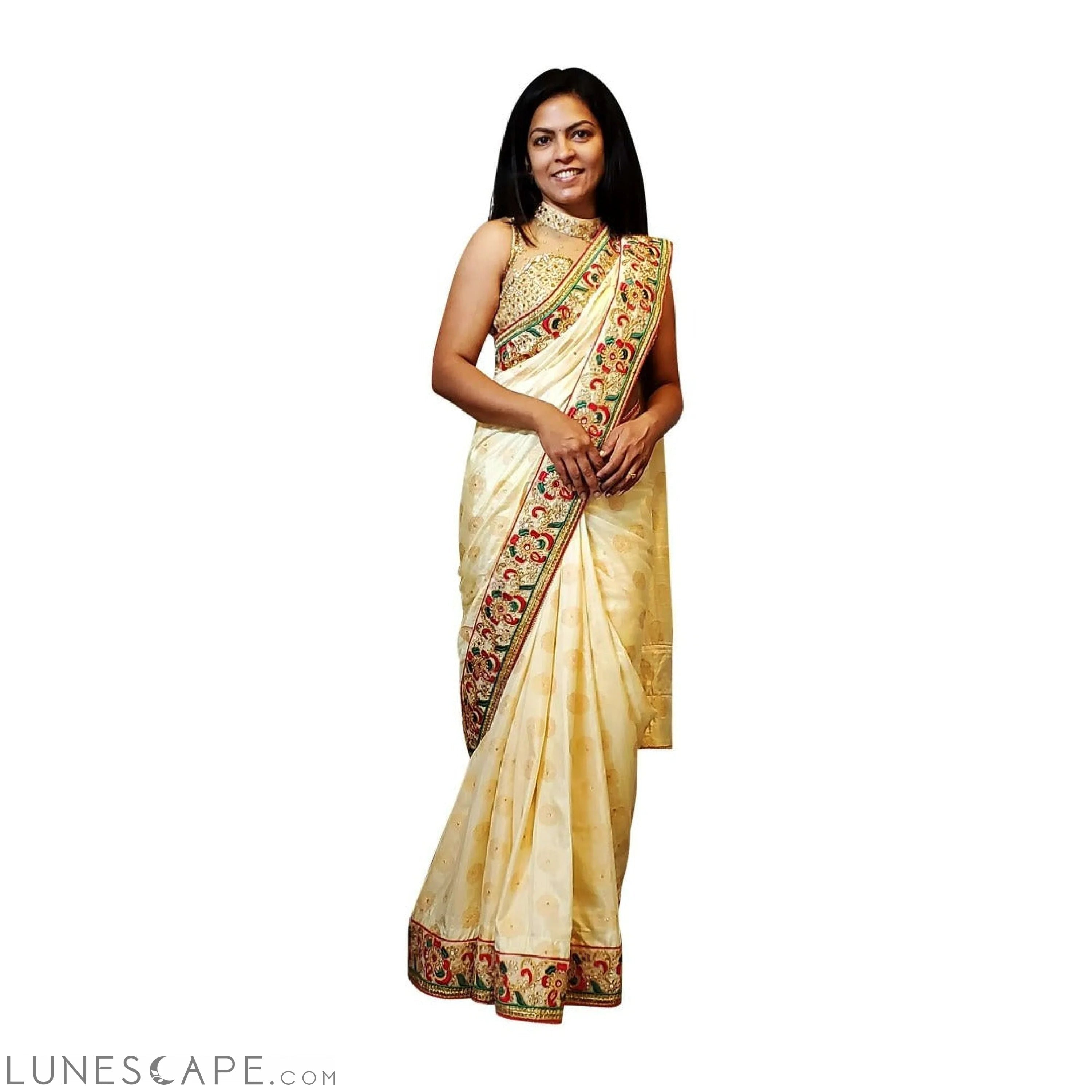 Cream Colored Brocade Soft Saree With Embroidered Border LUNESCAPE