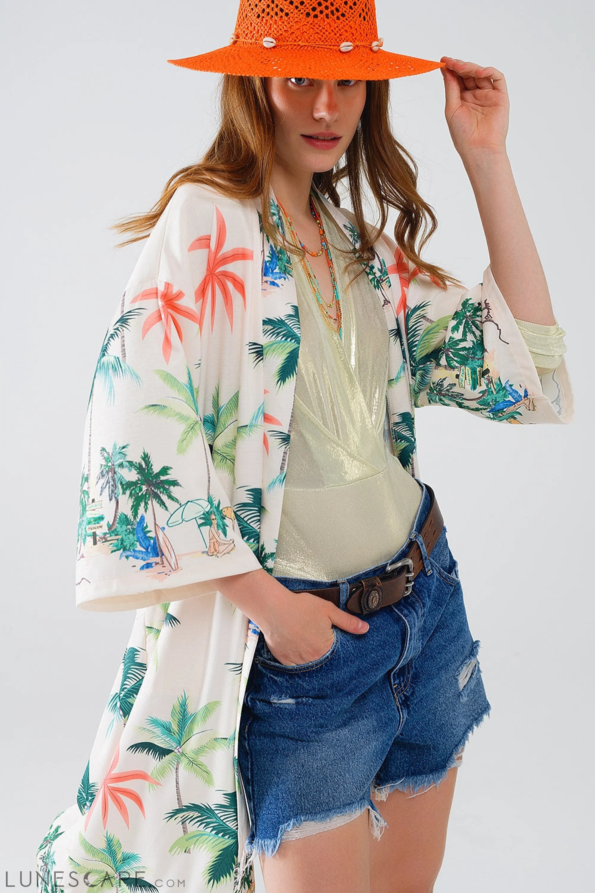 Cream Open Kimono With Beach Print in Midi Length Women’s Fashion - Women’s Clothing - Blouses & Shirts