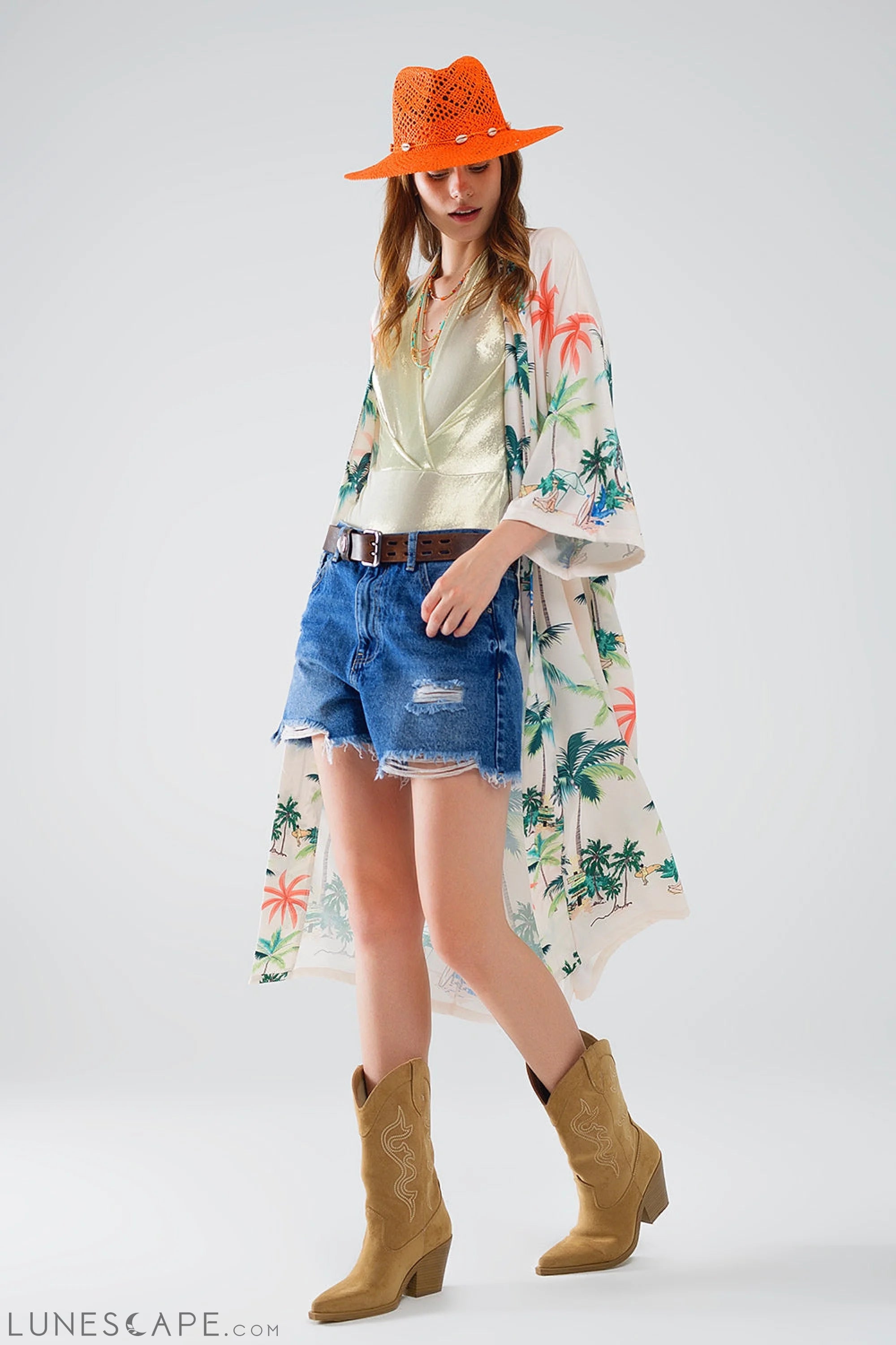 Cream Open Kimono With Beach Print in Midi Length Women’s Fashion - Women’s Clothing - Blouses & Shirts