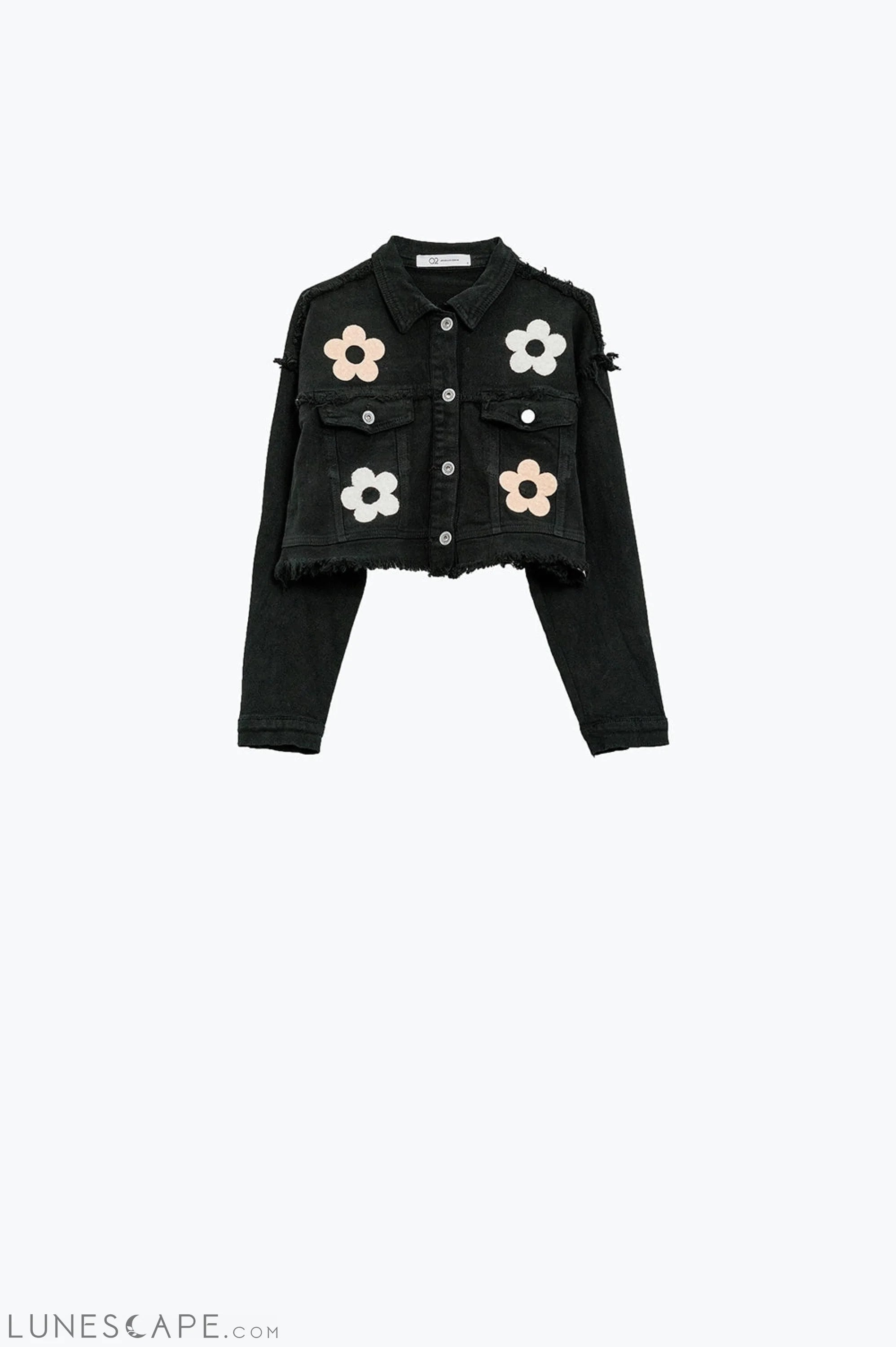 Cropped Denim Jacket With Chest Pockets and Flower Details in Black LUNESCAPE