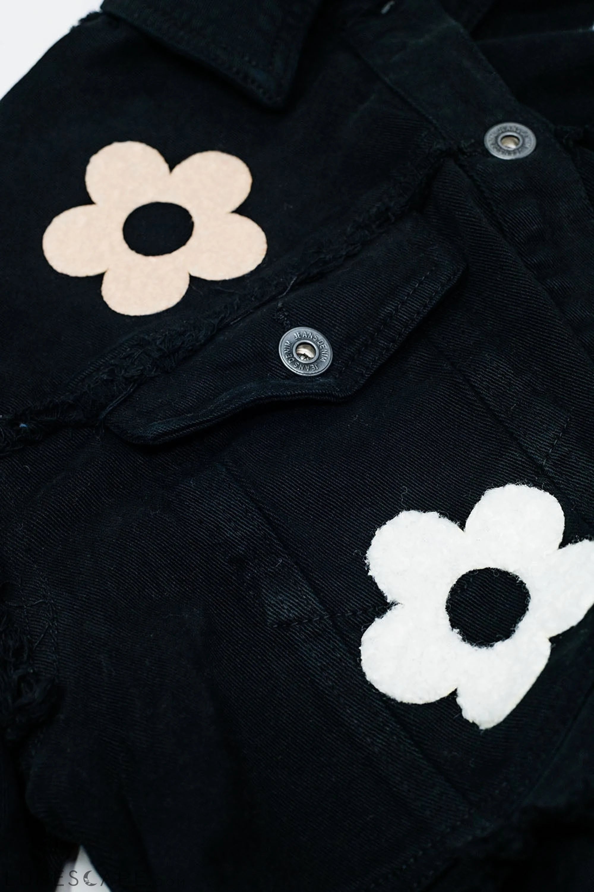 Cropped Denim Jacket With Chest Pockets and Flower Details in Black LUNESCAPE