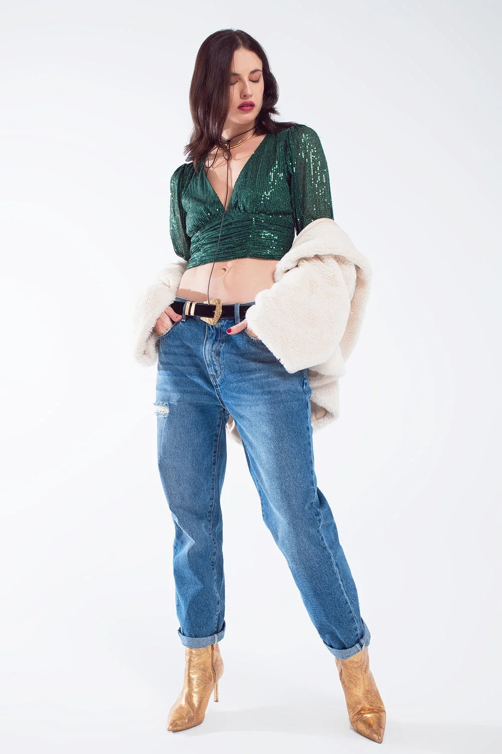 Cropped Long Sleeve Sequin Top With V-Neck and Rouched Design in Green LUNESCAPE