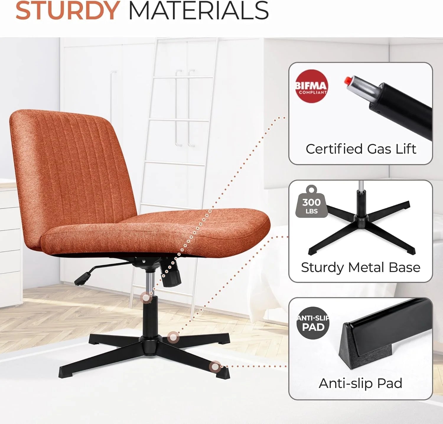 Cross Legged Office Desk Chair No Wheels Fabric Padded Modern Swivel LUNESCAPE