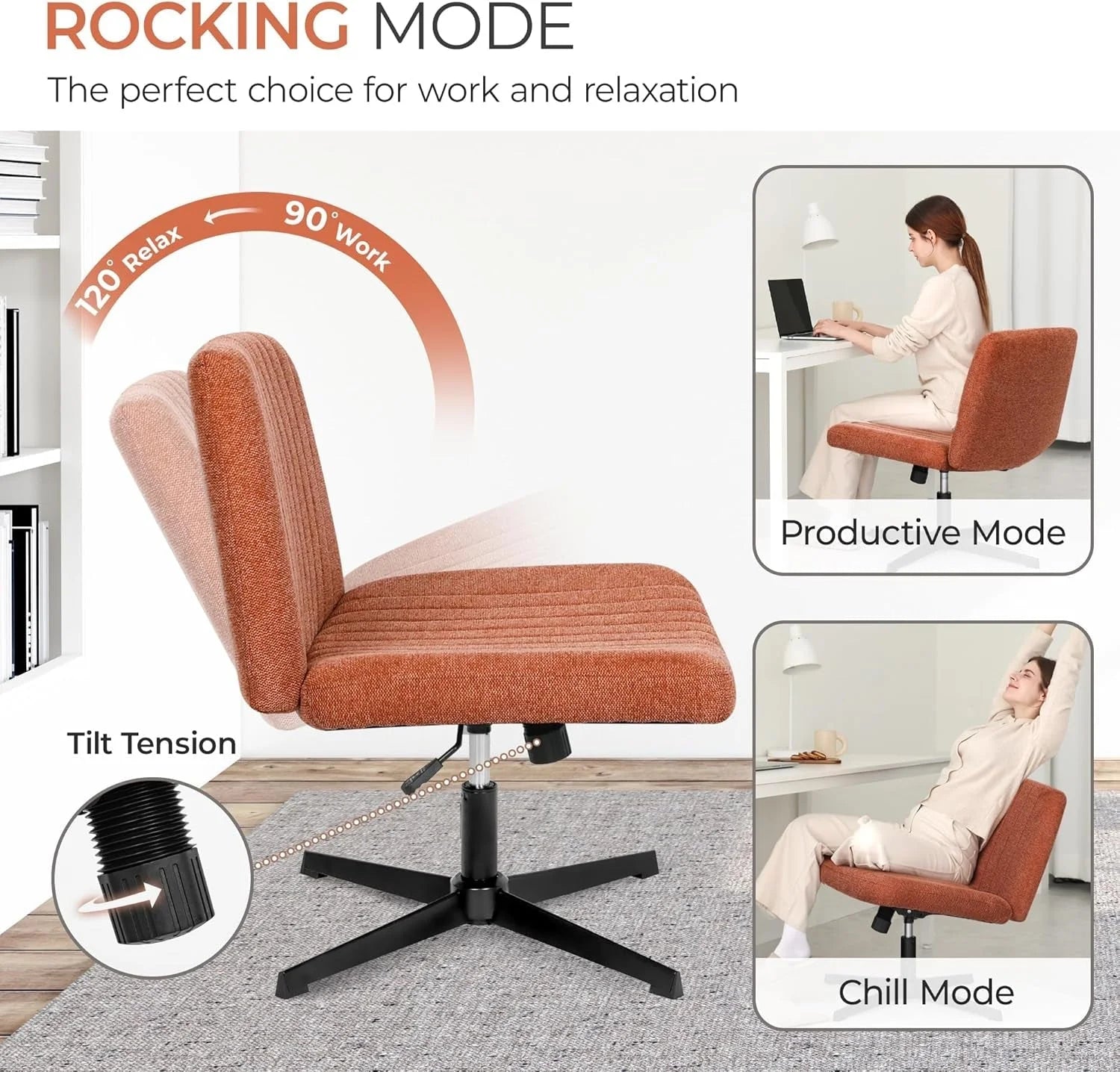 Cross Legged Office Desk Chair No Wheels Fabric Padded Modern Swivel LUNESCAPE