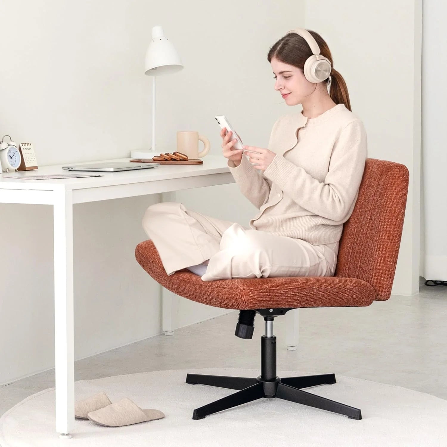 Cross Legged Office Desk Chair No Wheels Fabric Padded Modern Swivel LUNESCAPE