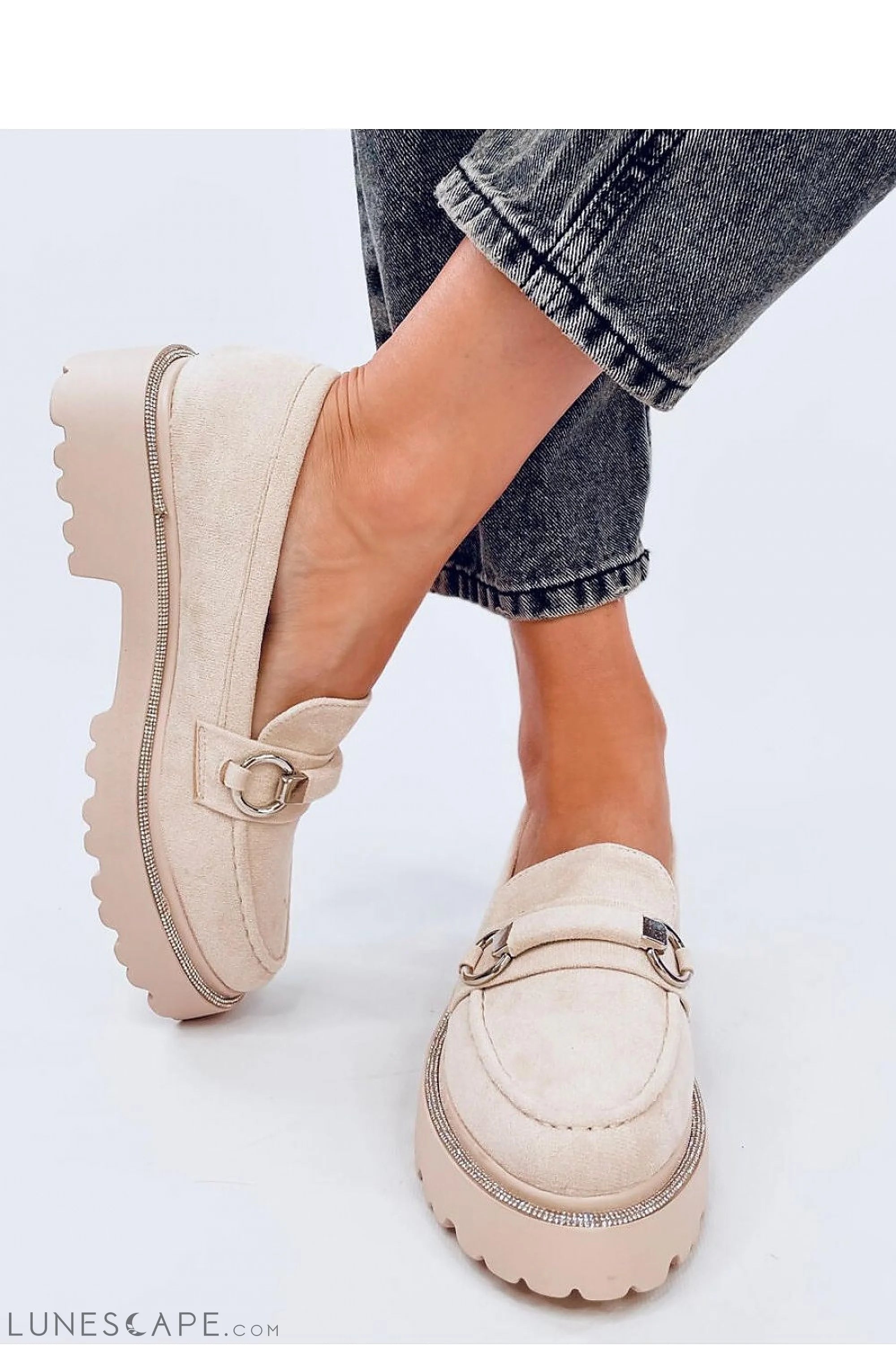 Crystal Trim Blush Eco-Suede Loafers for Women – Moc Toe with Silver Accents LUNESCAPE