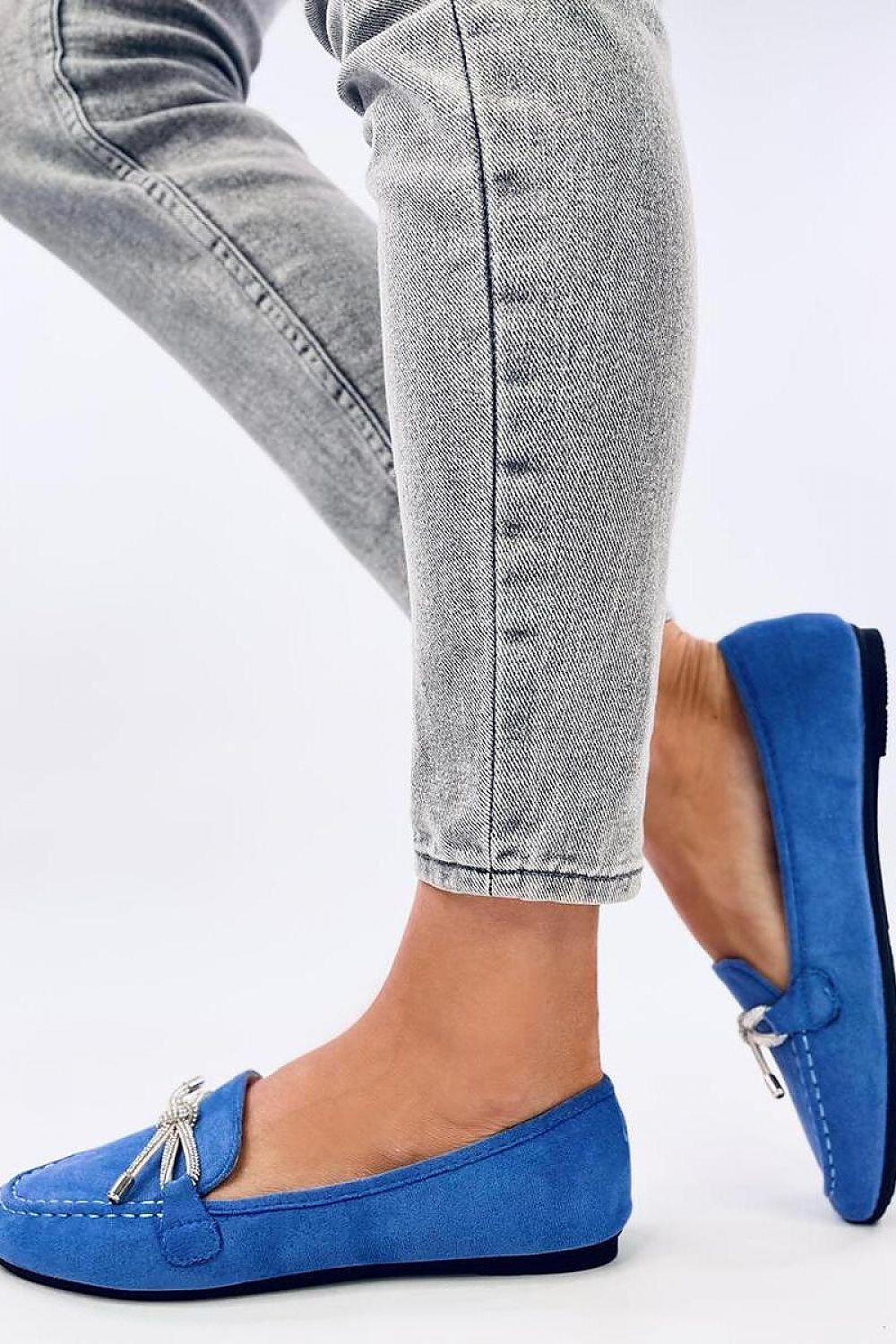 Cobalt Blue Eco-Suede Loafers with Silver Rope Bow