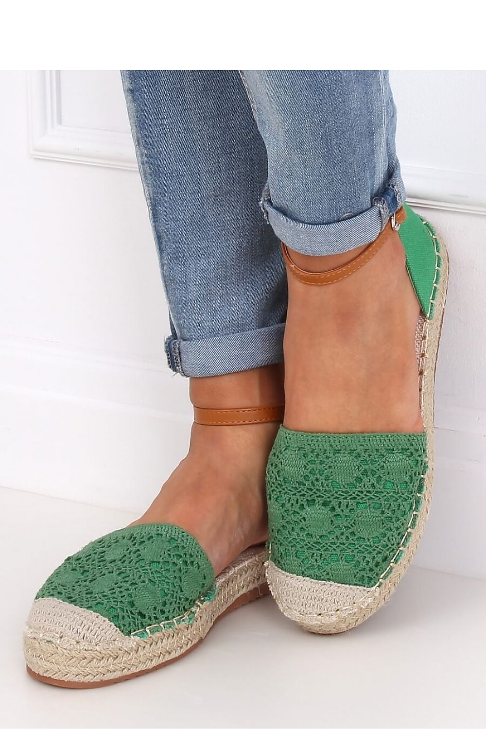 Green Crochet Lace Flatform Espadrilles with Ankle Strap and Jute Sole LUNESCAPE