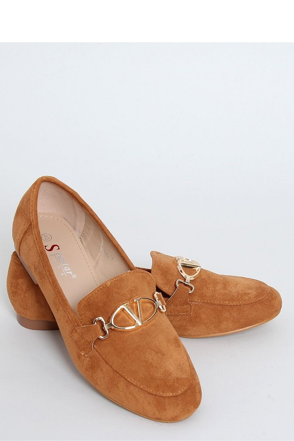 Camel Brown Eco-Suede Womens Loafers – Almond Toe with Gold Chain Detail