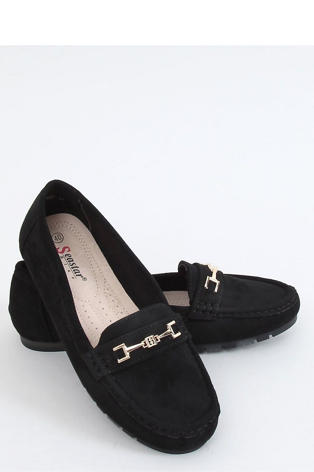 Black Eco-Suede Women’s Moccasin Loafers with Gold Bar Bit Detail