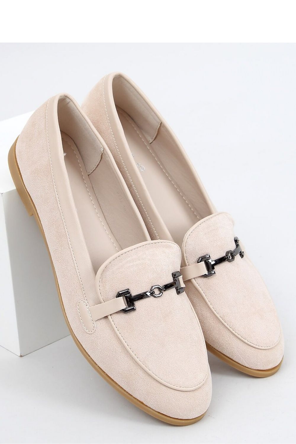 Beige Eco-Suede Womens Loafers – Almond Toe with Chain Detail