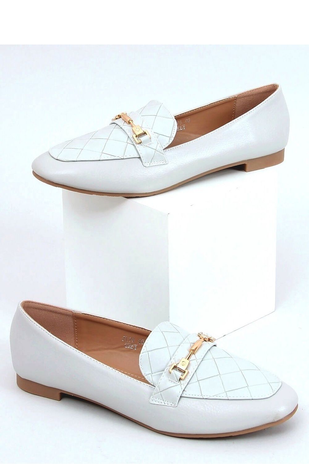 White Eco-Leather Loafers for Women – Quilted Almond-Toe Flats with Gold Bit
