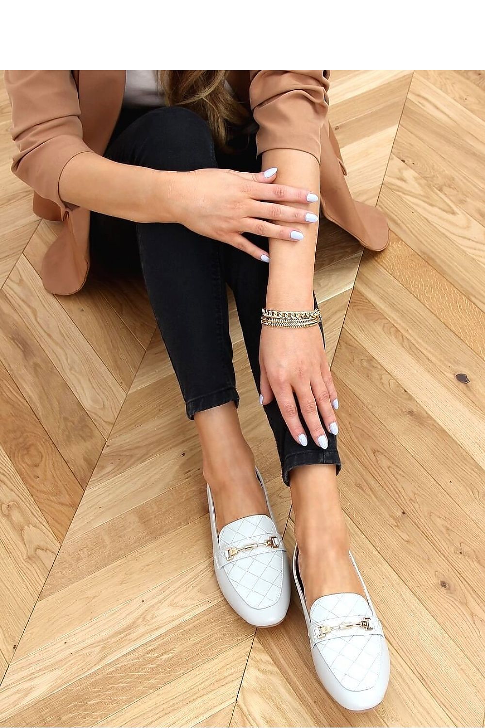 White Eco-Leather Loafers for Women – Quilted Almond-Toe Flats with Gold Bit