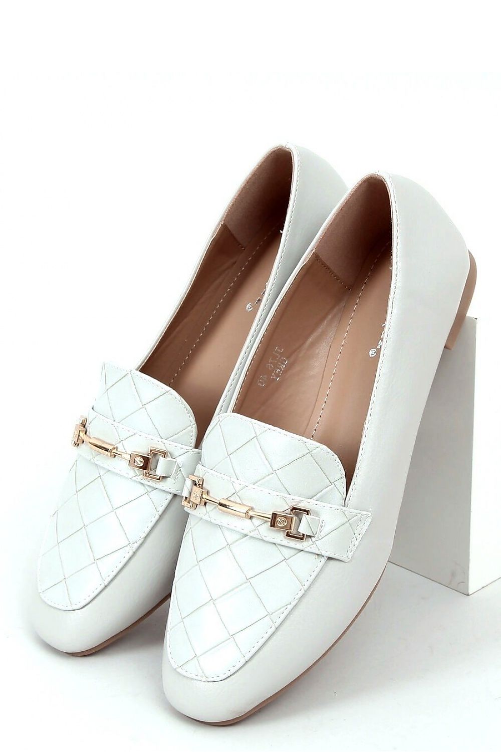White Eco-Leather Loafers for Women – Quilted Almond-Toe Flats with Gold Bit