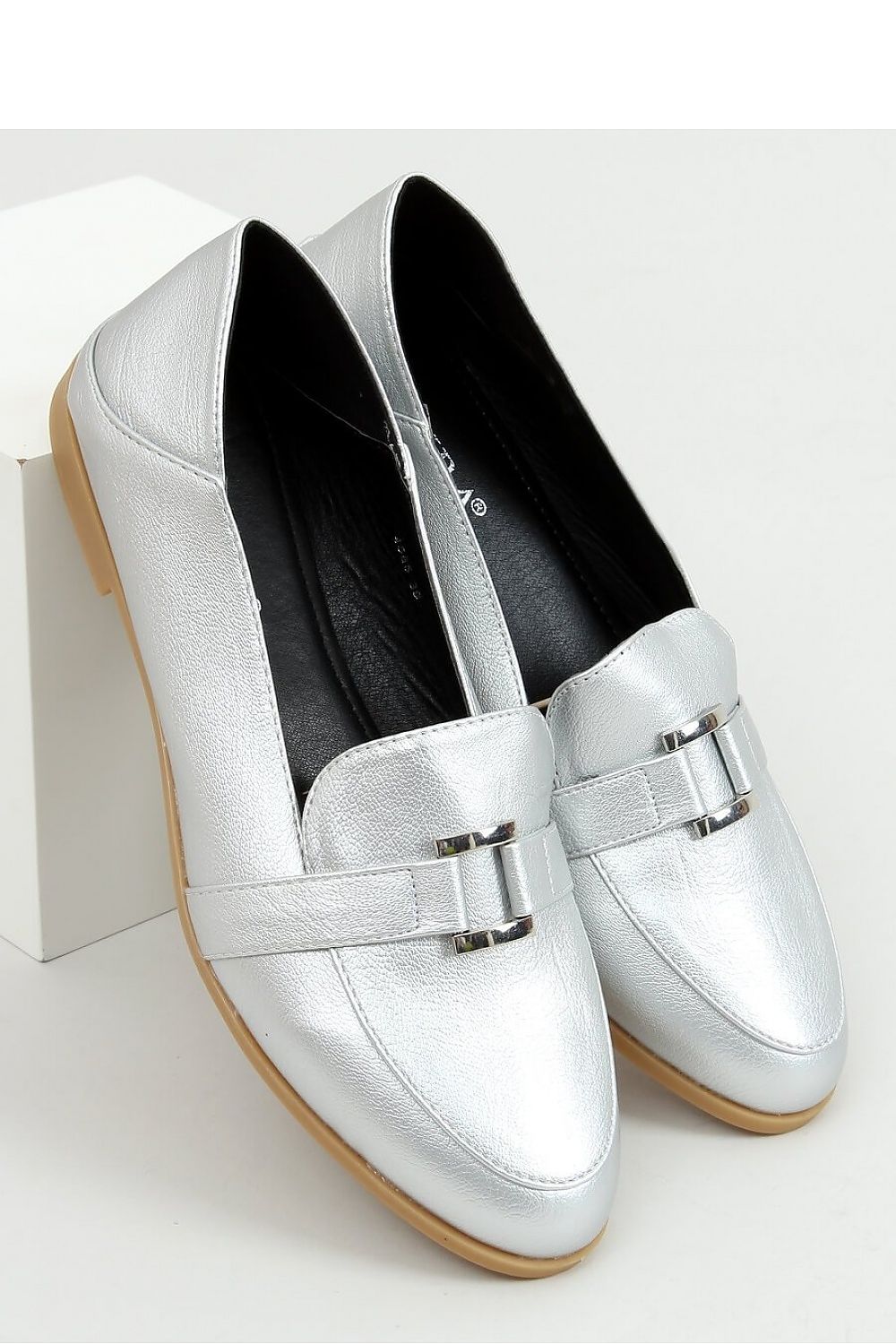 Silver Eco-Leather Loafers for Women – Almond-Toe Slip-Ons with Metal Accent