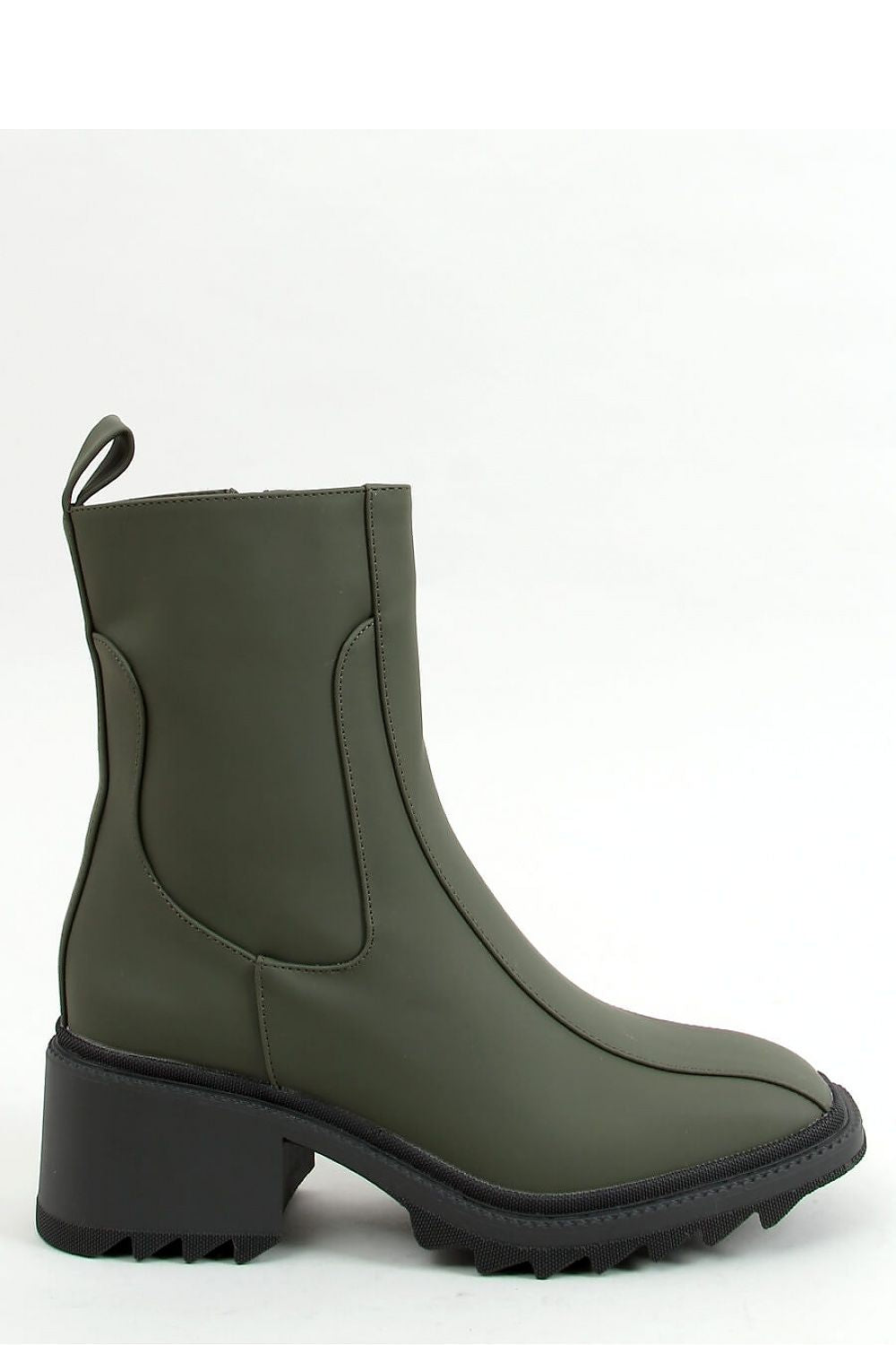 Olive Leather Chunky Heel Y2K Chelsea Boots with Serrated Sole