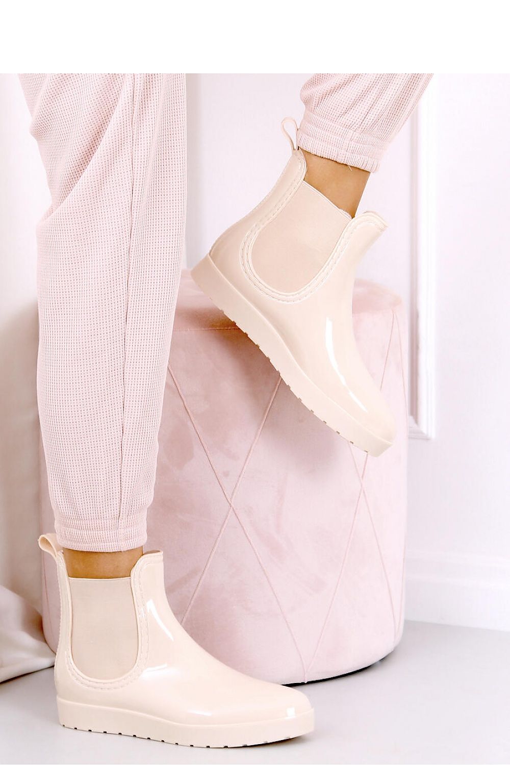Beige Patent Waterproof Rubber Wellington Chelsea Boots for Women